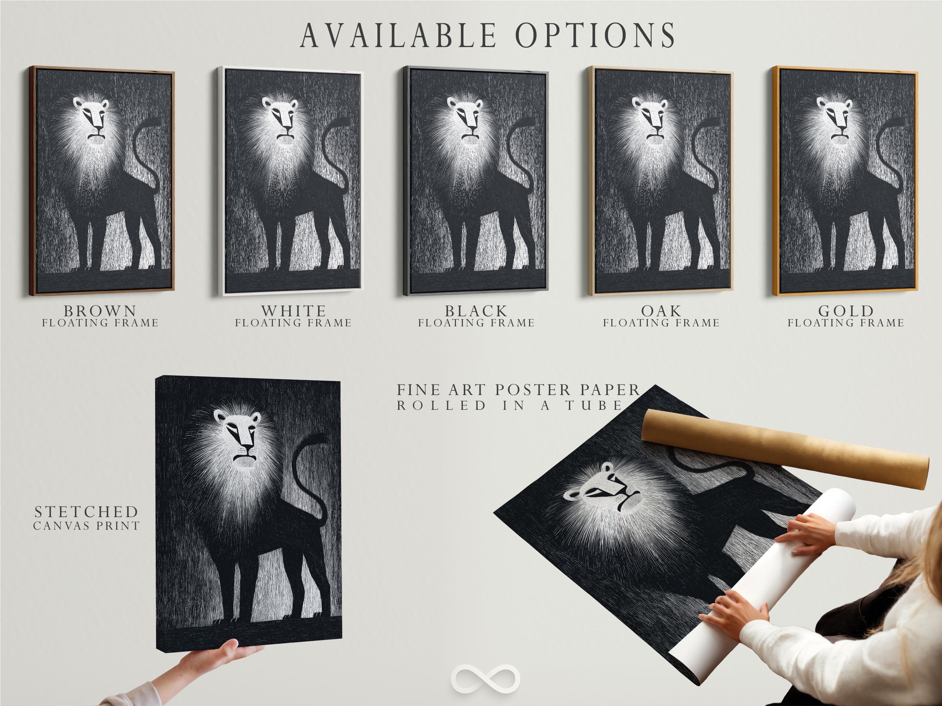 A person standing beside a framed black and white lion artwork in a modern interior