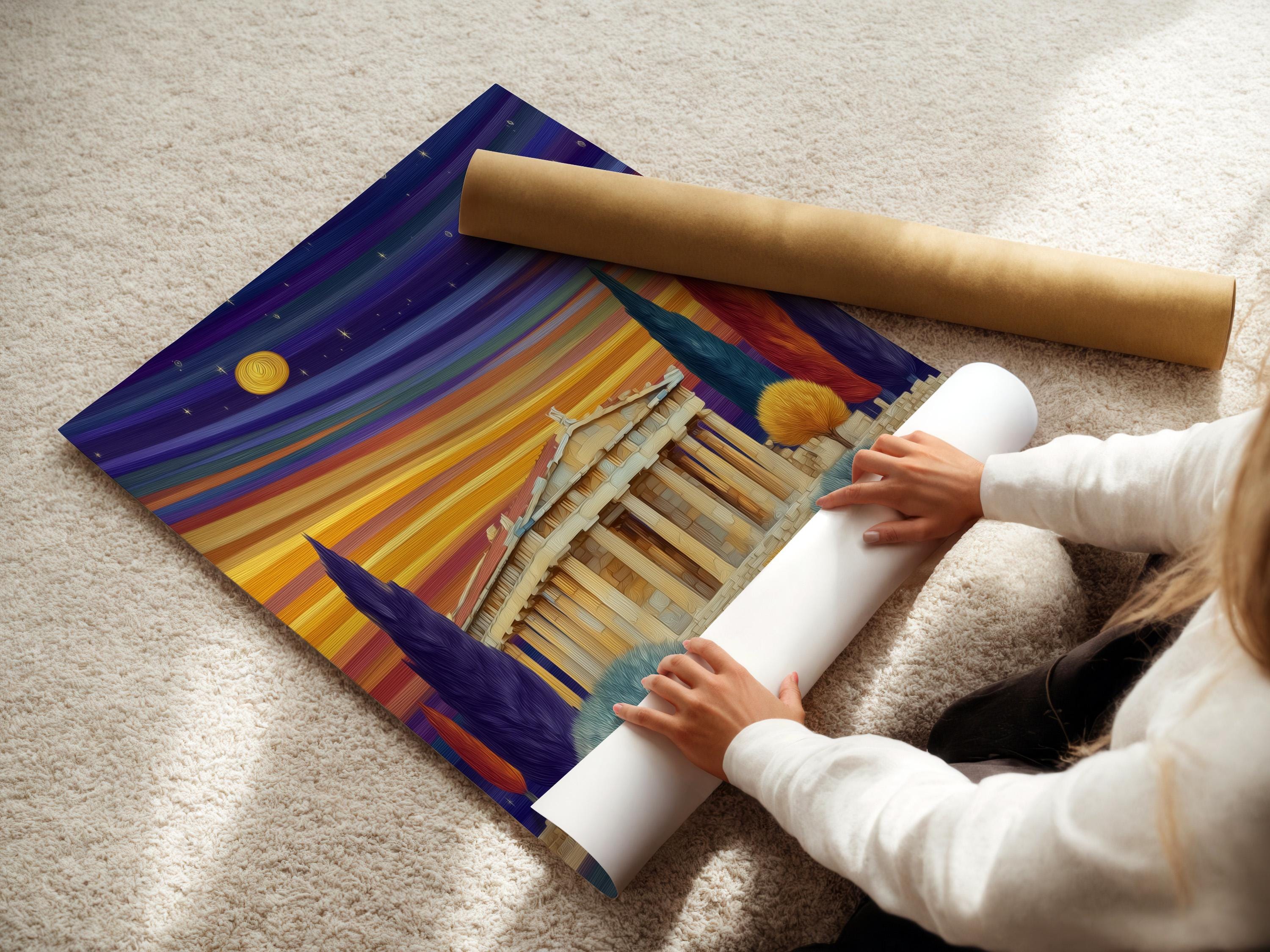Stylised ancient temple scene with purple and gold sunset sky, stars, and cypress-like trees detail view