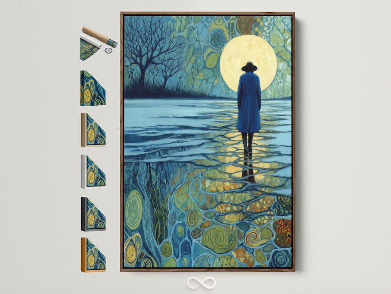 Moonlit night scene with a silhouetted figure standing in reflective water beneath a glowing moon