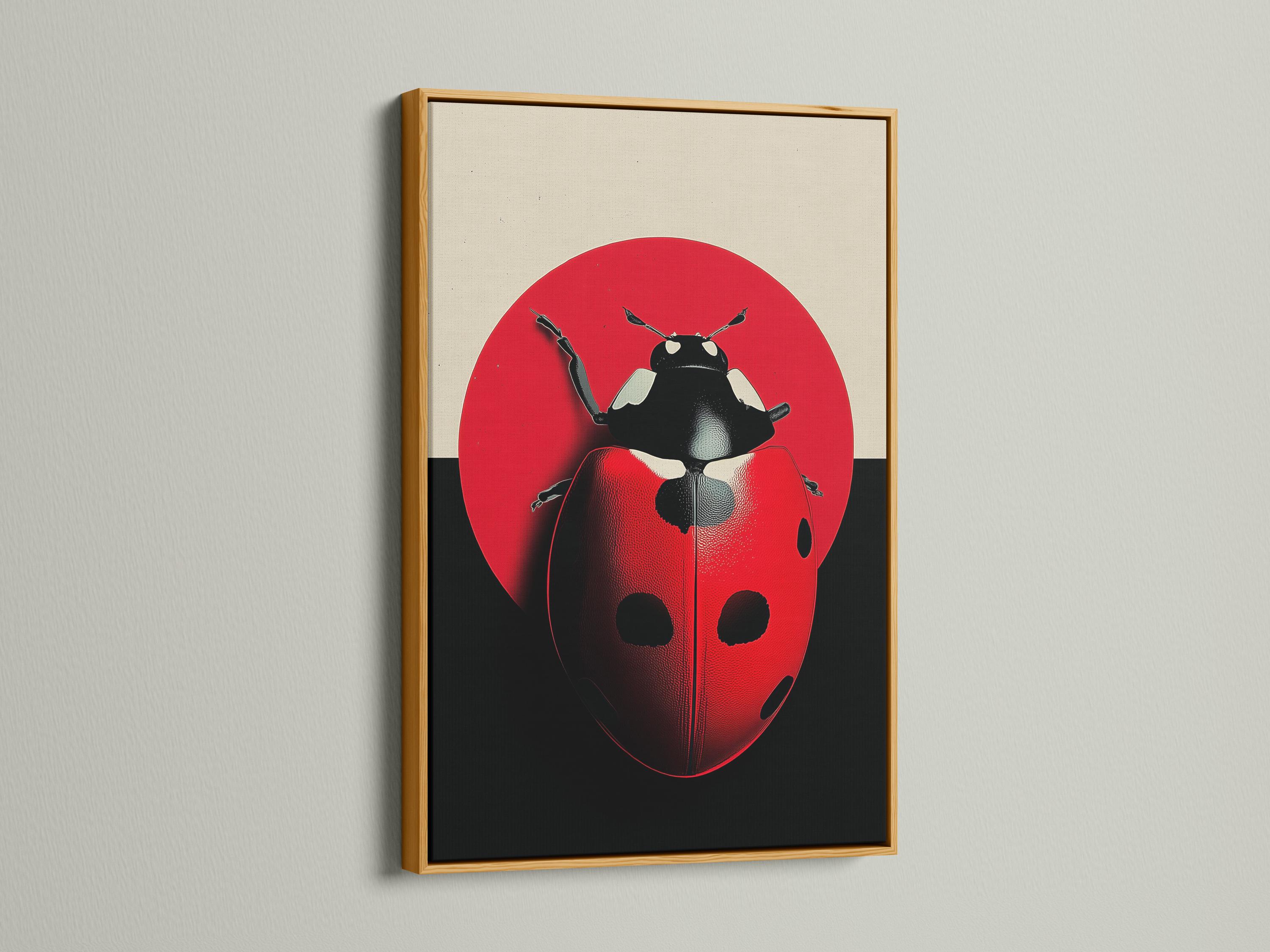 Room mockup showing a framed ladybug artwork on a light wall