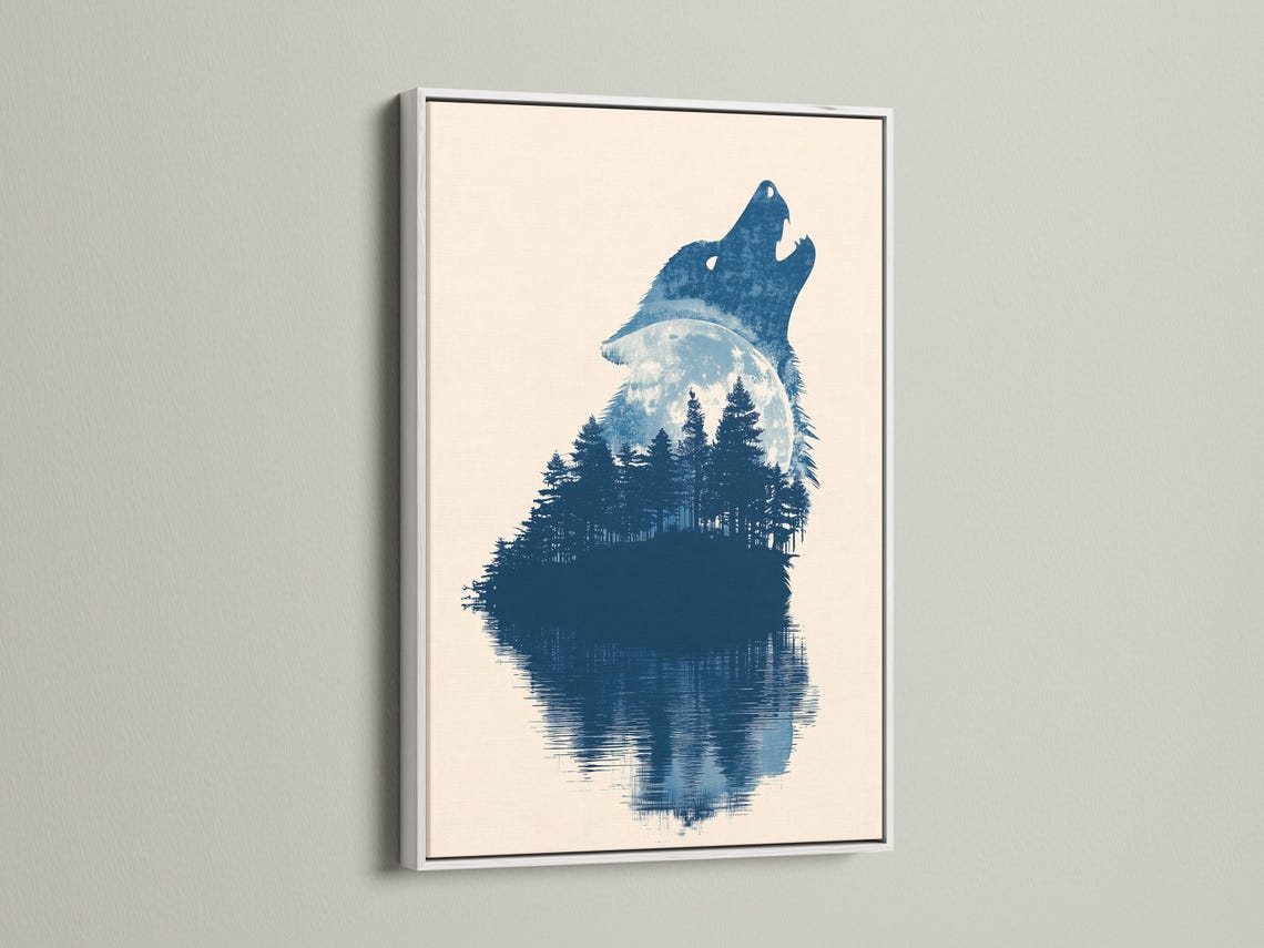 Indigo blue howling wolf silhouette filled with forest trees on a pale beige background detail view