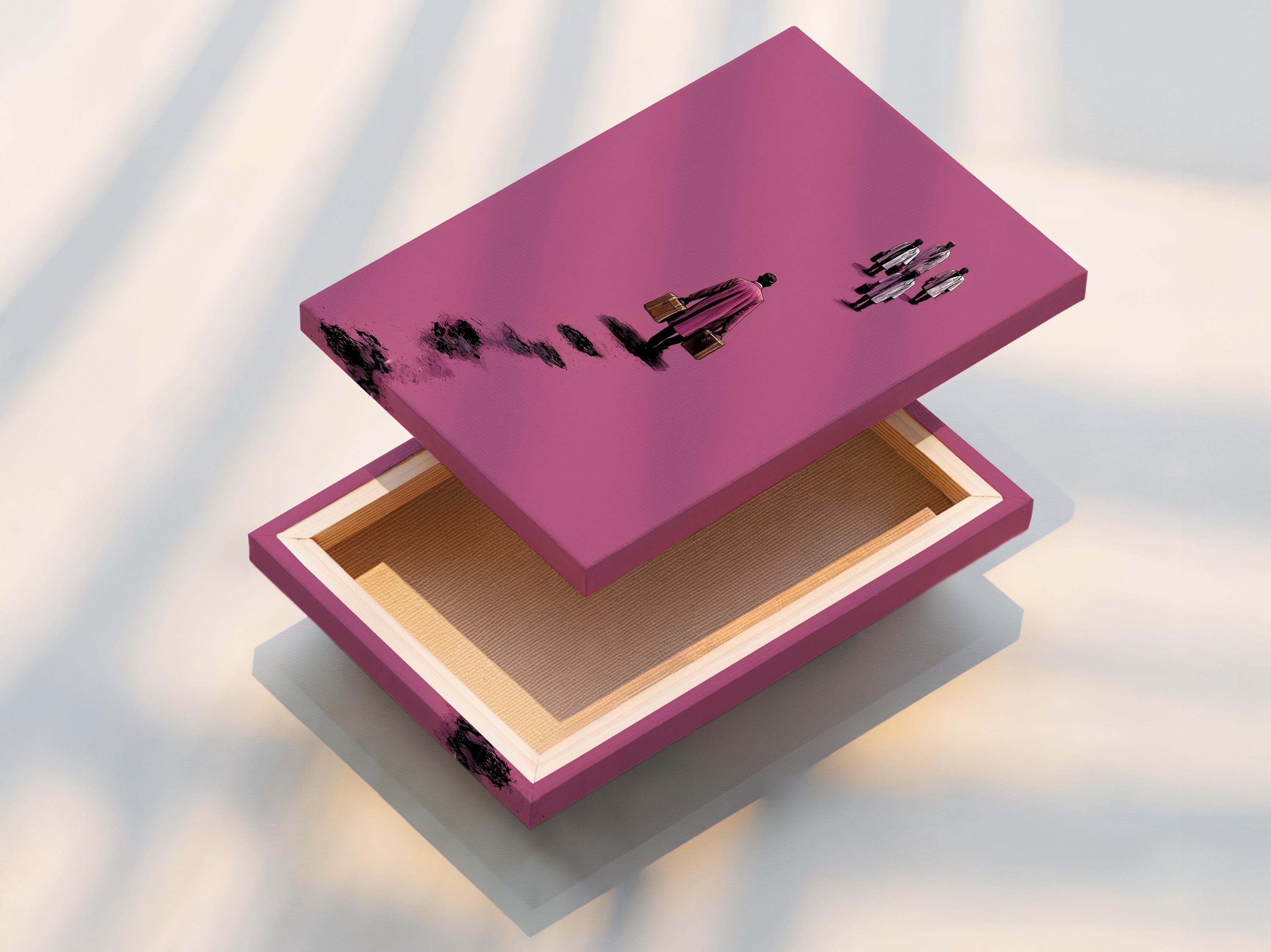 Mockup showing a framed pink minimalist traveller figure artwork on a light background