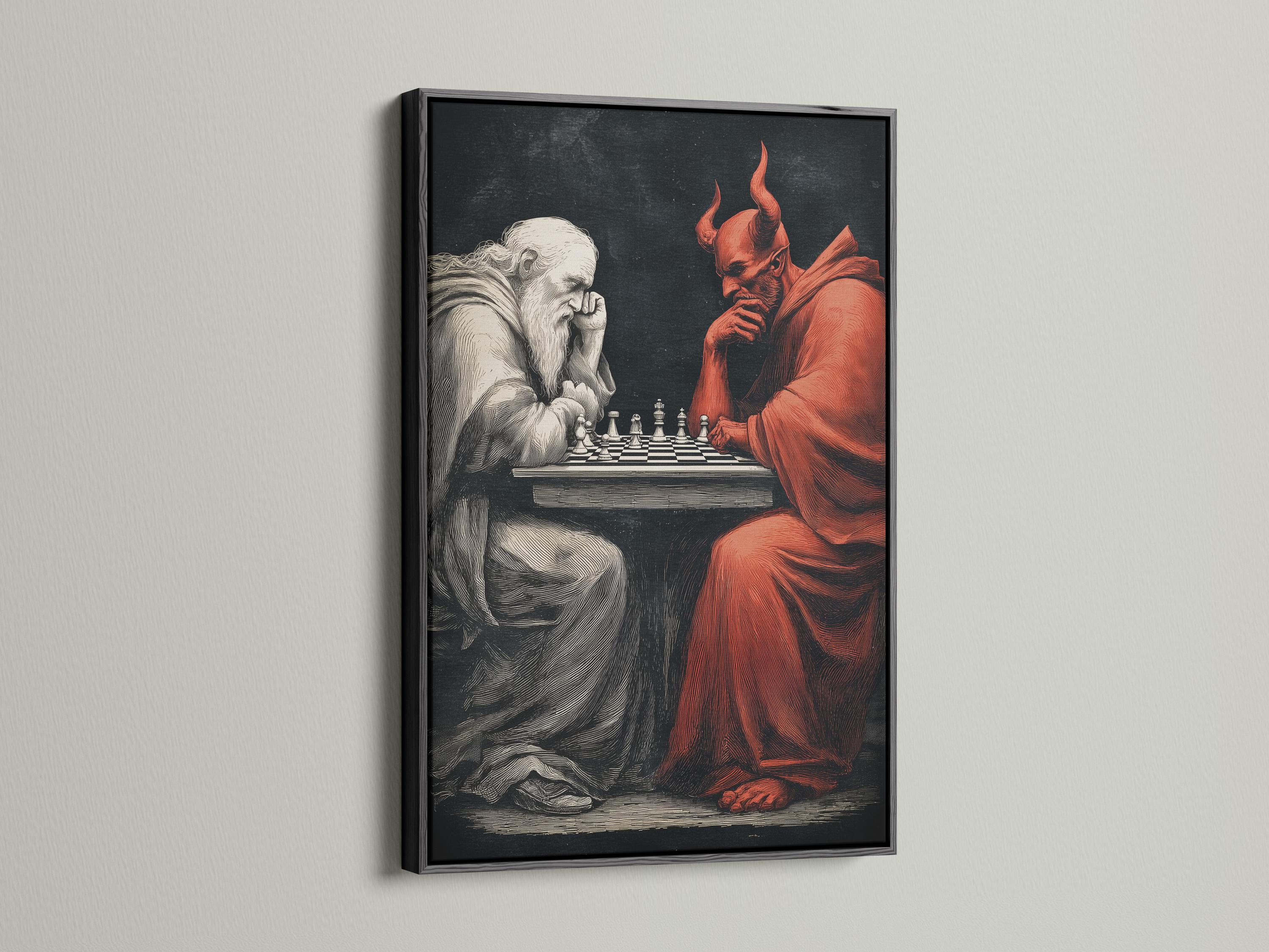 Chess duel scene with a pale angel-like figure facing a red horned devil over chess pieces detail view
