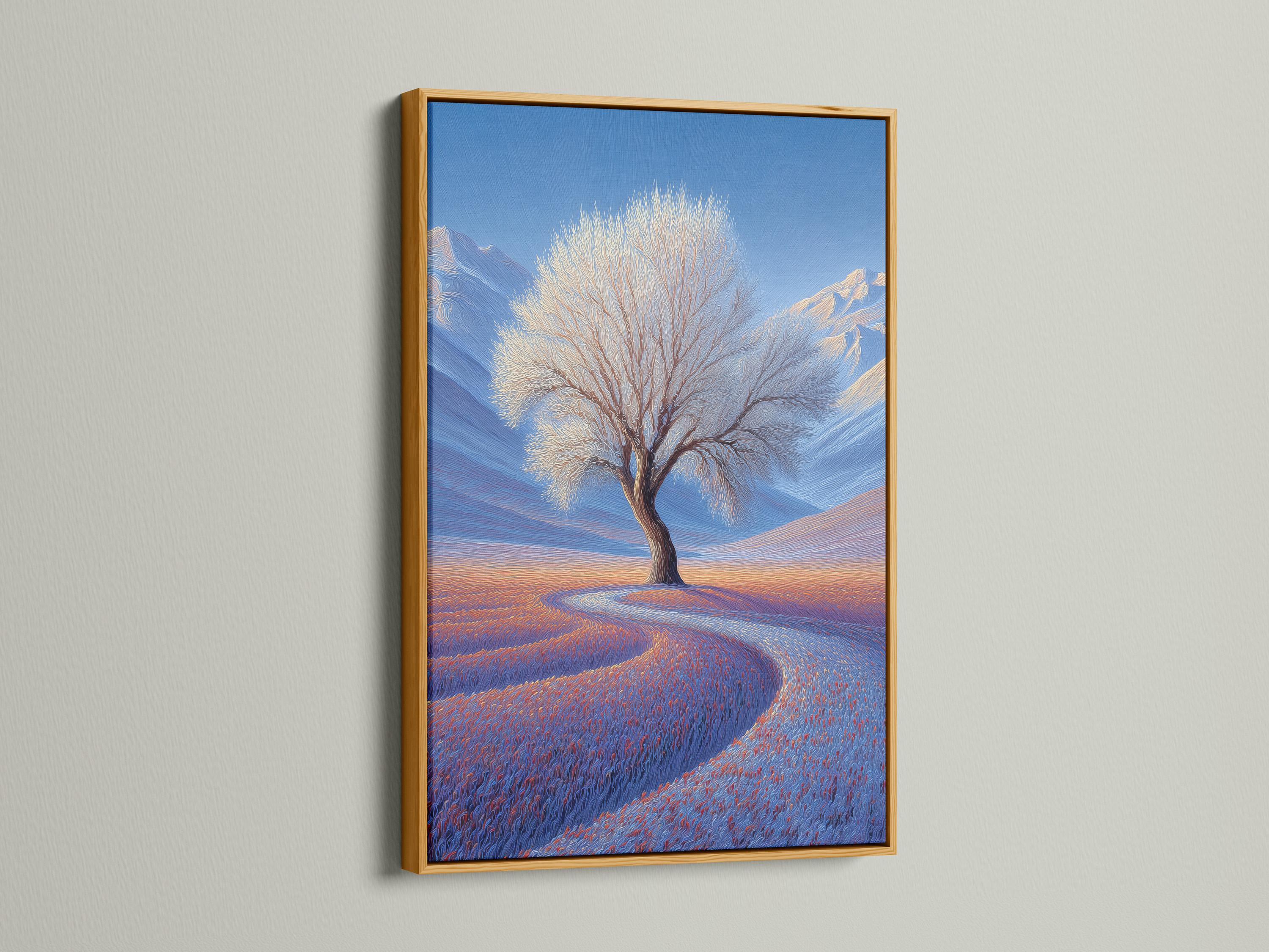 Lone leafless tree in a blue winter landscape with snowy hills and a warm orange horizon glow detail view