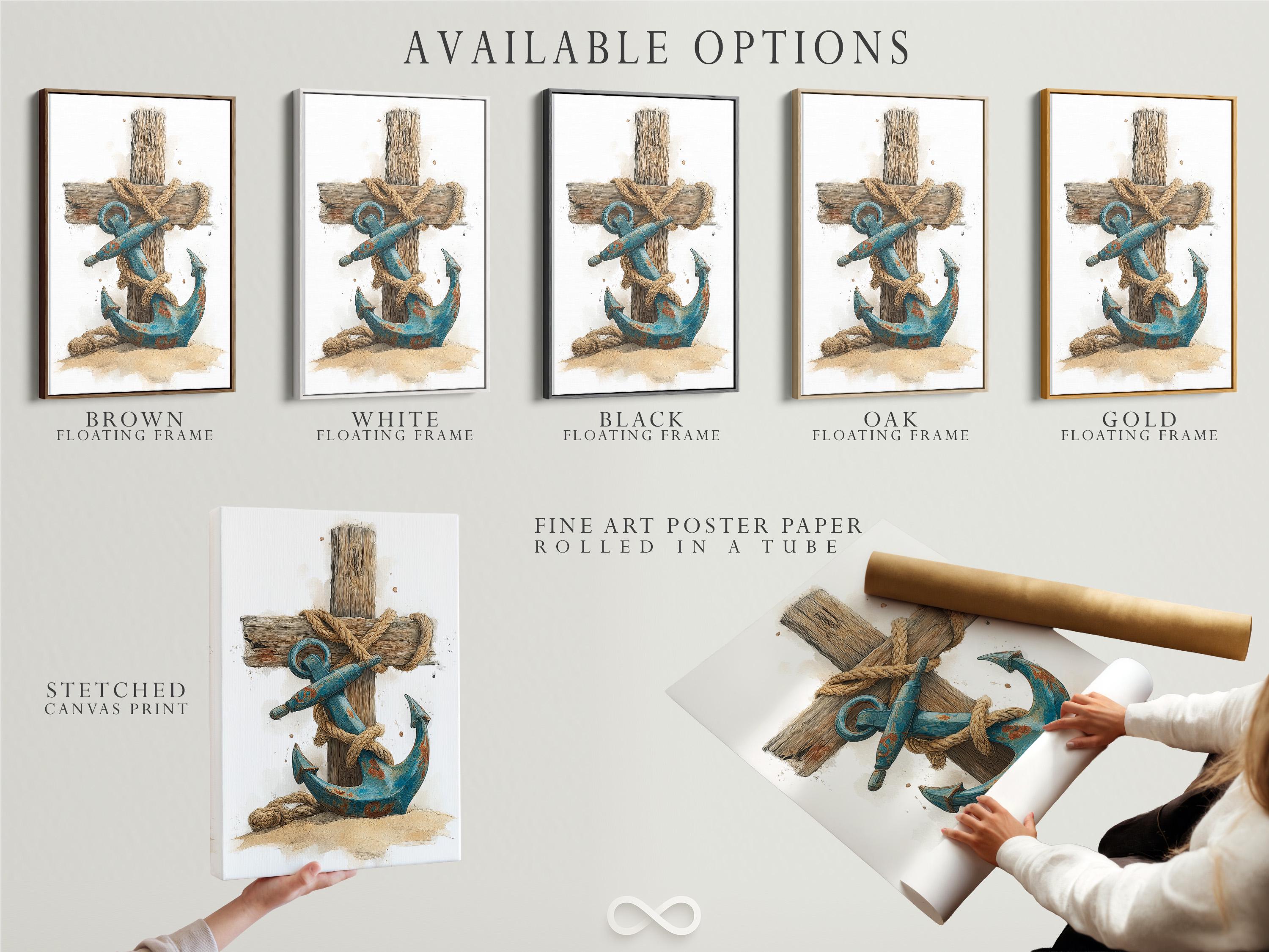 A distressed nautical illustration shows a large rope-wrapped wooden cross/anchor shape with a coiled blue rope motif and seabed tones against a pale