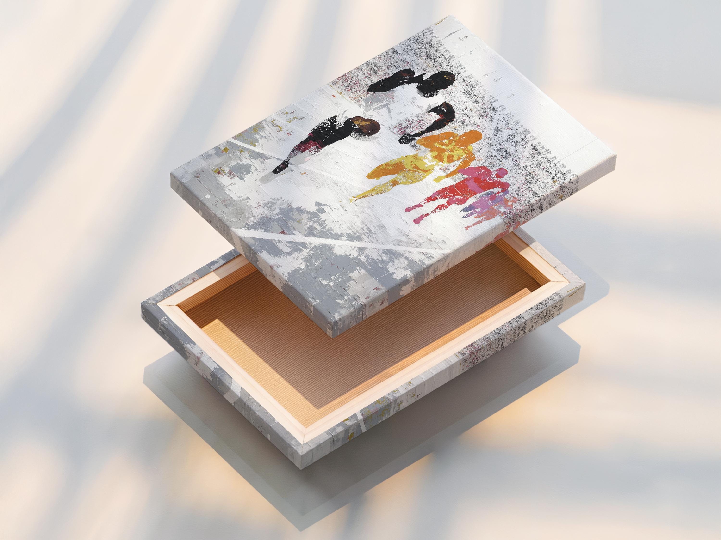 Painted runners race scene with dark silhouettes and orange, yellow and red highlights detail view