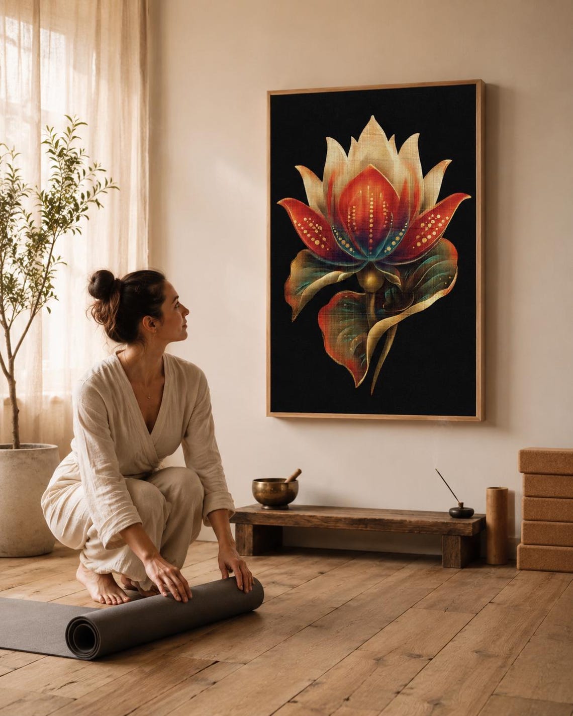 Person in a beige outfit standing beside a plant, with a lotus flower framed artwork above a wooden bench