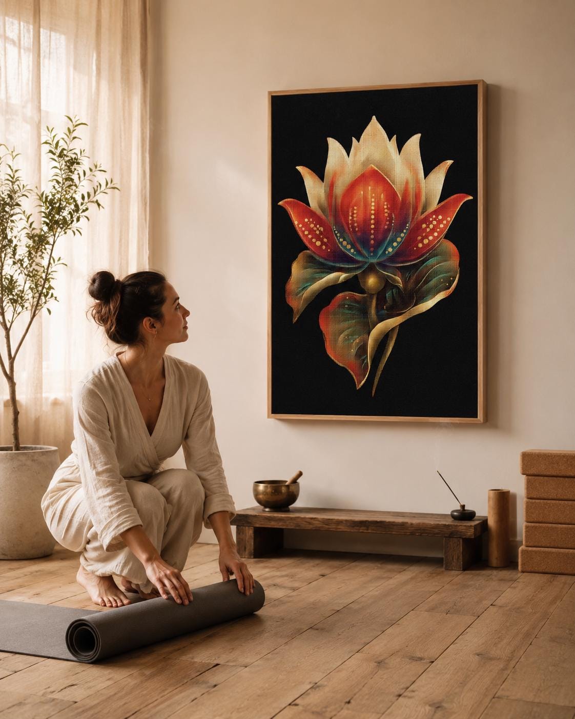 Person in a beige outfit standing beside a plant, with a lotus flower framed artwork above a wooden bench