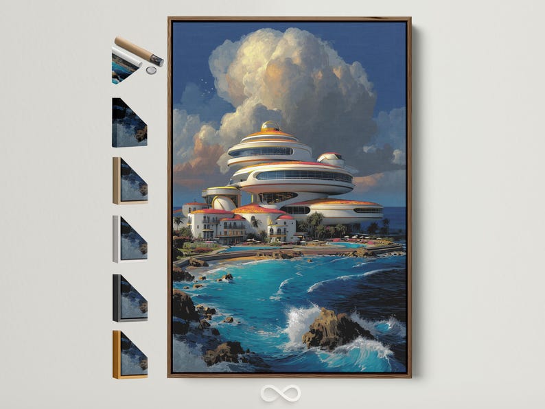 Futuristic cruise ship and coastal buildings above turquoise ocean waves with layered clouds