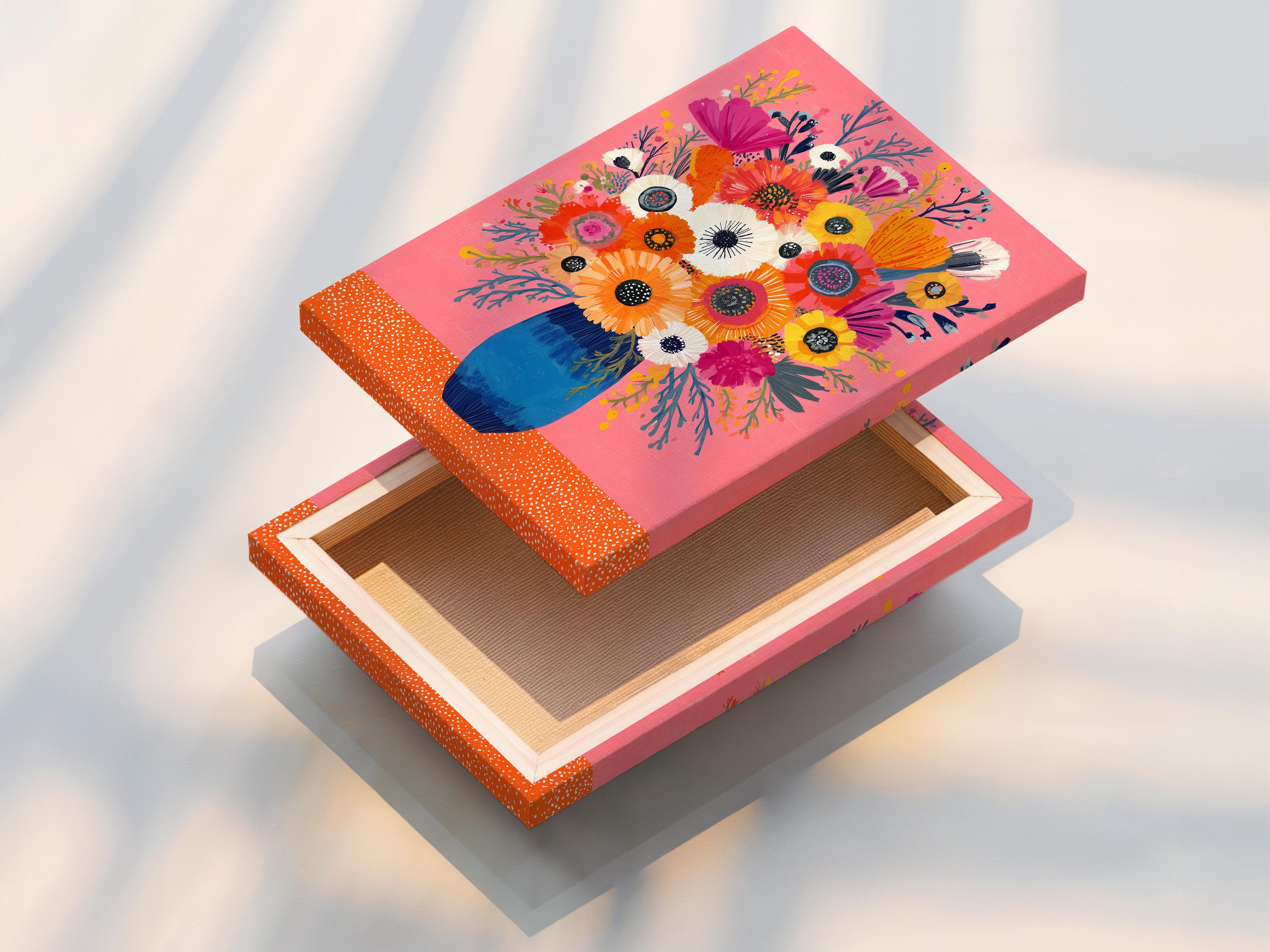 Floral bouquet painting with flowers in a blue vase on a pink background detail view