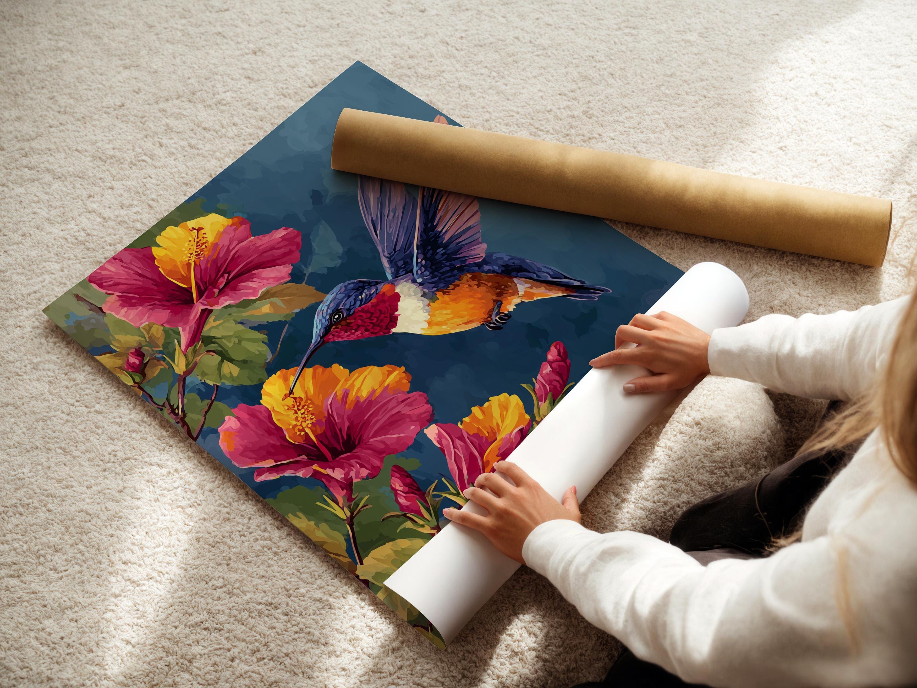 Room mockup showing a hummingbird and hibiscus floral artwork