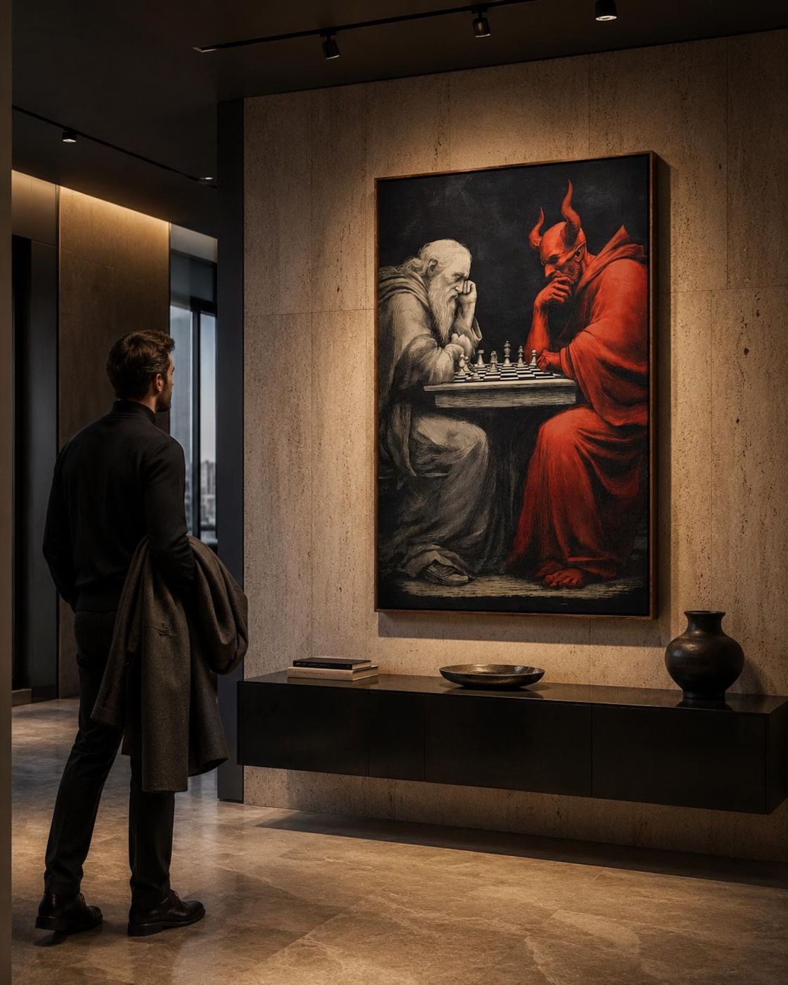 Chess duel scene with a pale angel-like figure facing a red horned devil over chess pieces detail view