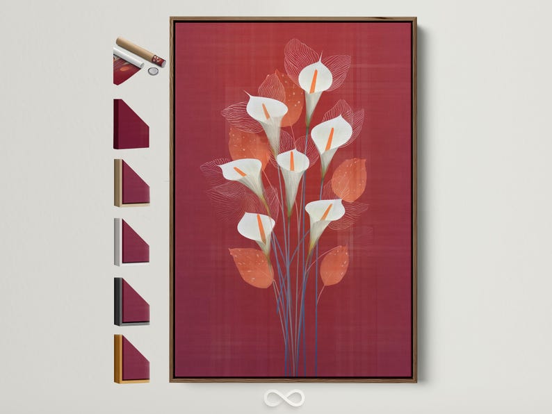 Stylised calla lily bouquet with white flowers, orange centres and blue stems on a burgundy background