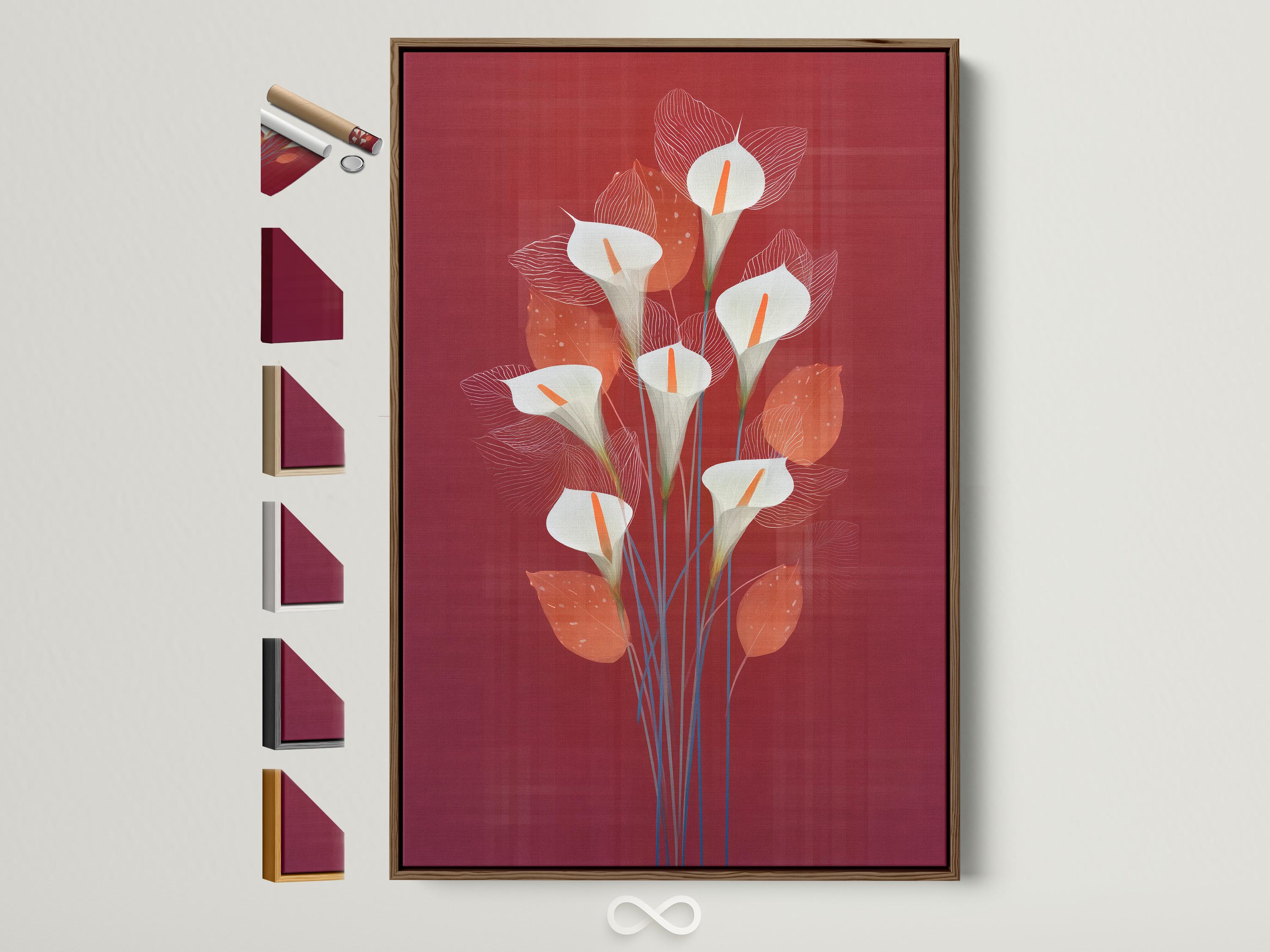 Stylised calla lily bouquet with white flowers, orange centres and blue stems on a burgundy background
