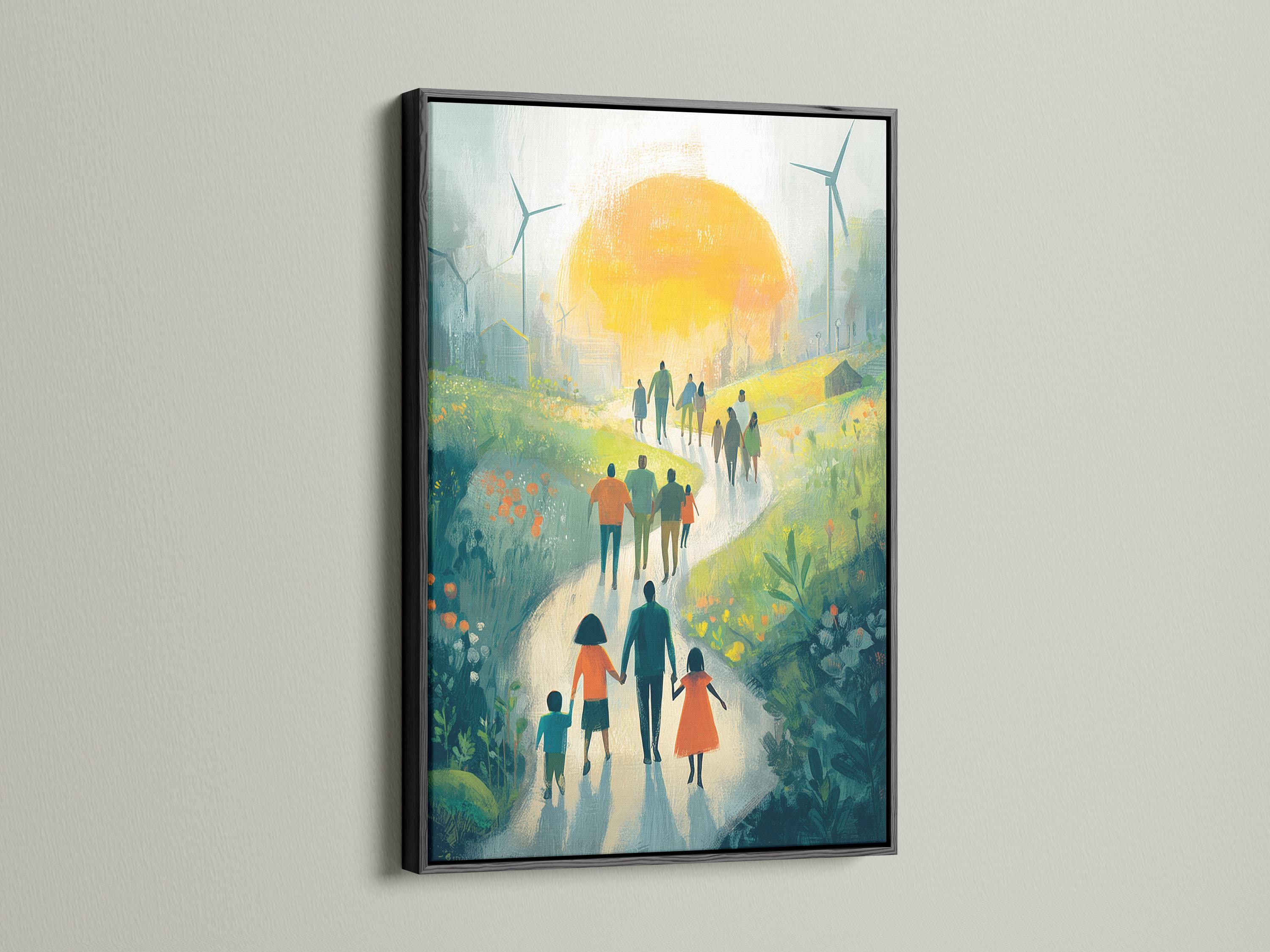 Painterly green landscape with people walking along a path toward a glowing sun and wind turbines detail view