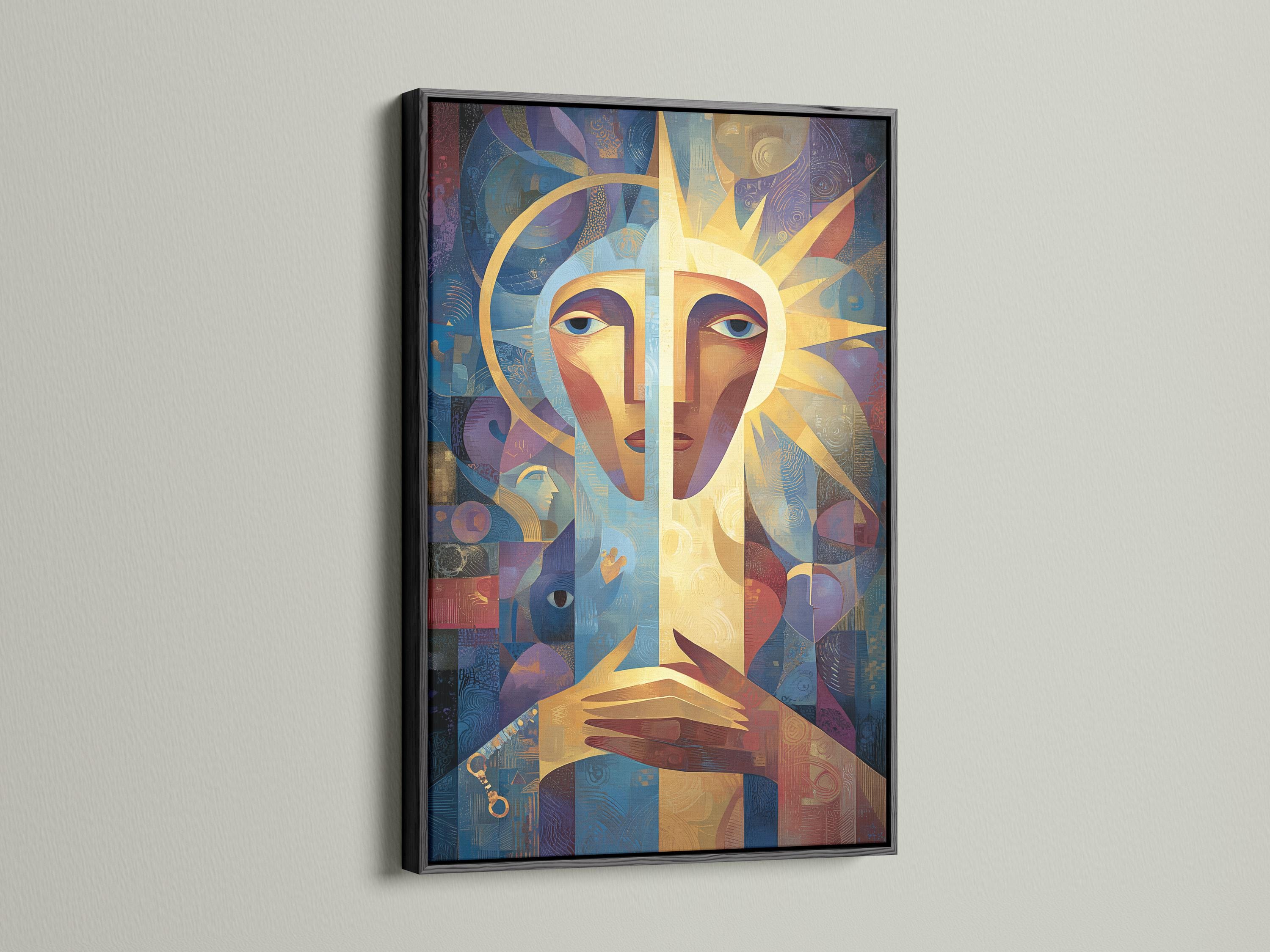 An abstract, geometric portrait of a woman-like face dominates the centre, with blue, gold and coral shapes layered across a textured background