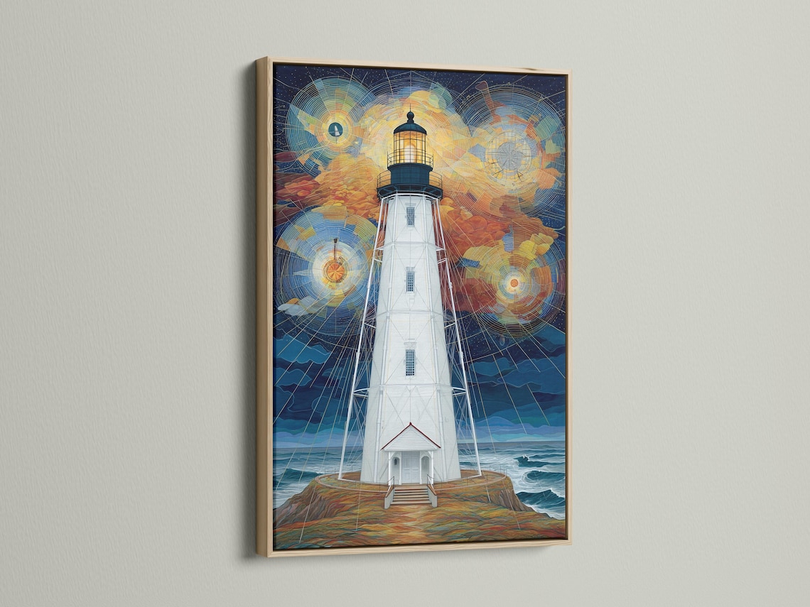 Geometric lighthouse painting with starry night sky and swirling circular light patterns detail view