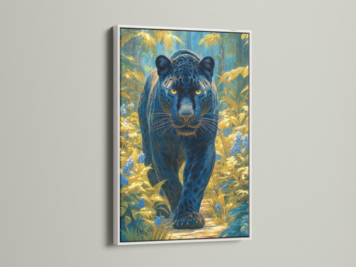 Stylised big cat with glowing golden eyes in a blue and gold jungle scene detail view