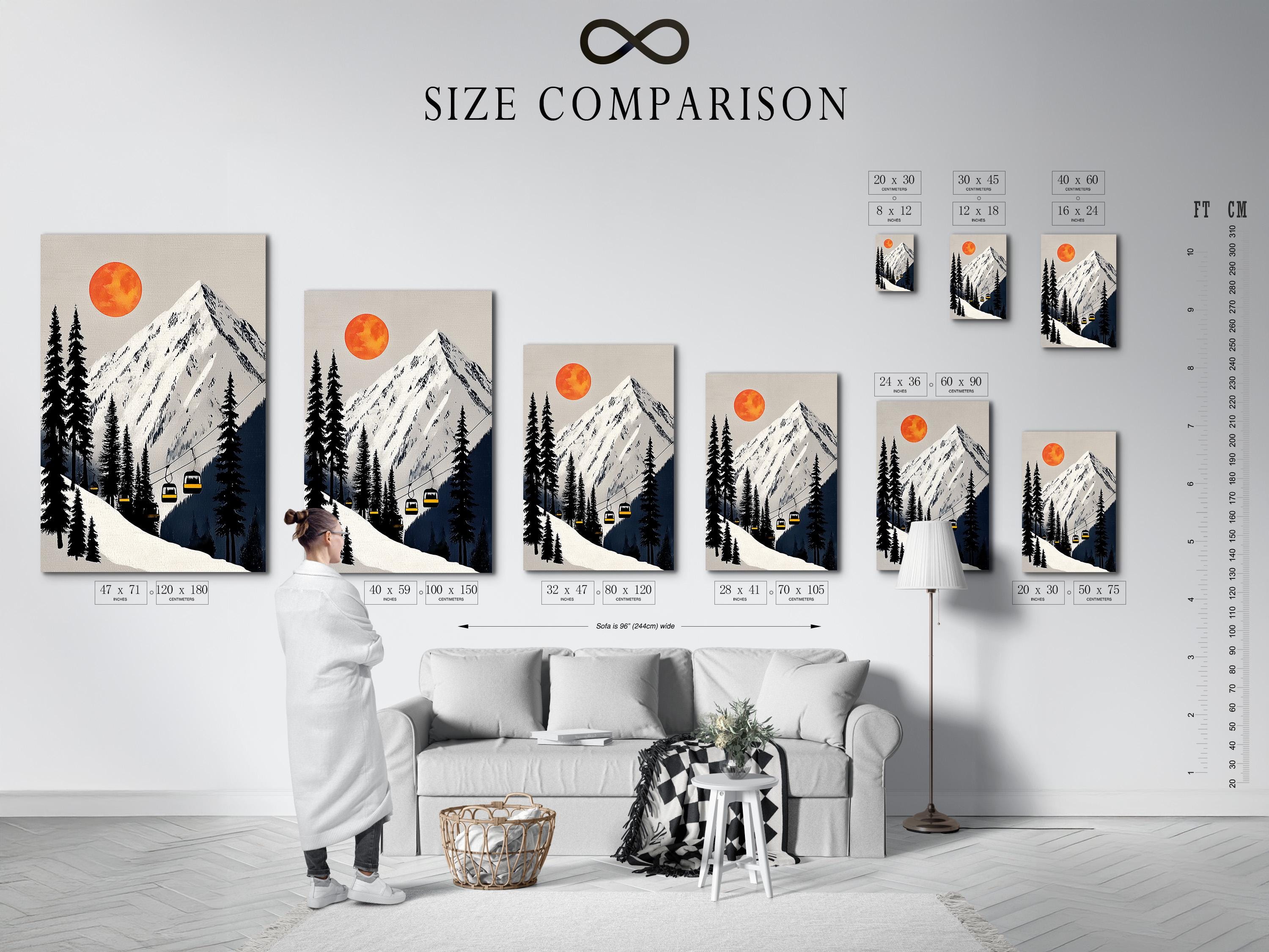 Stylised winter mountain landscape with pine trees, ski lift cables, yellow gondolas and an orange sun detail view