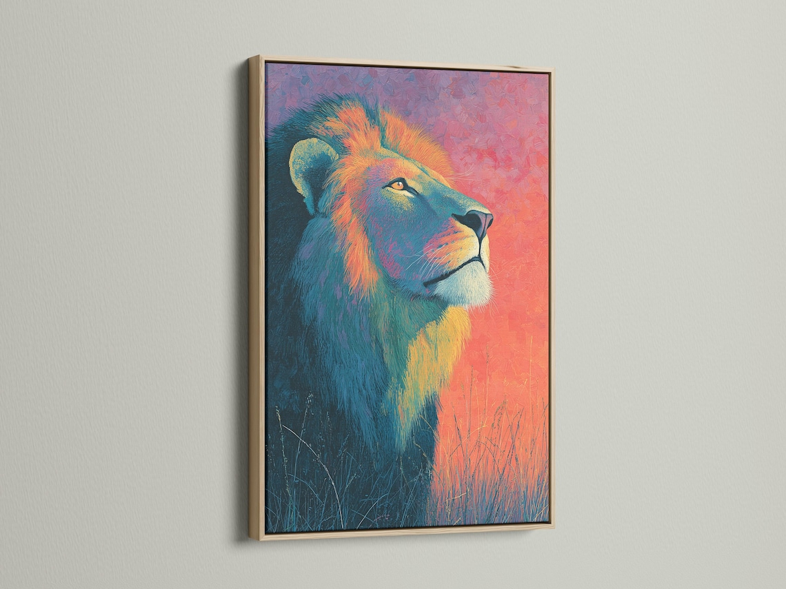 Room mockup showing a framed lion portrait in teal, coral and gold colours