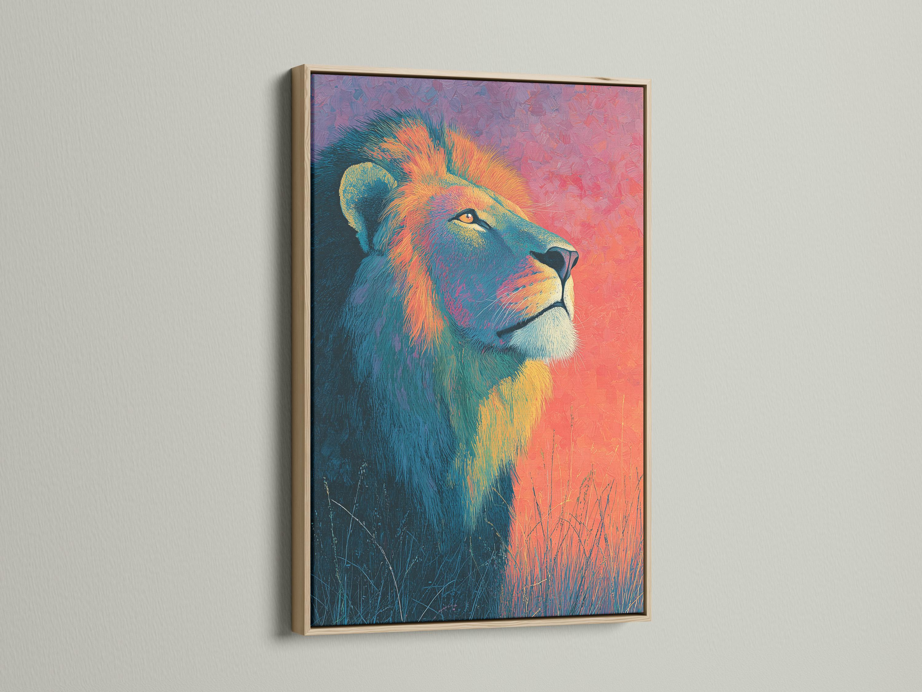 Room mockup showing a framed lion portrait in teal, coral and gold colours