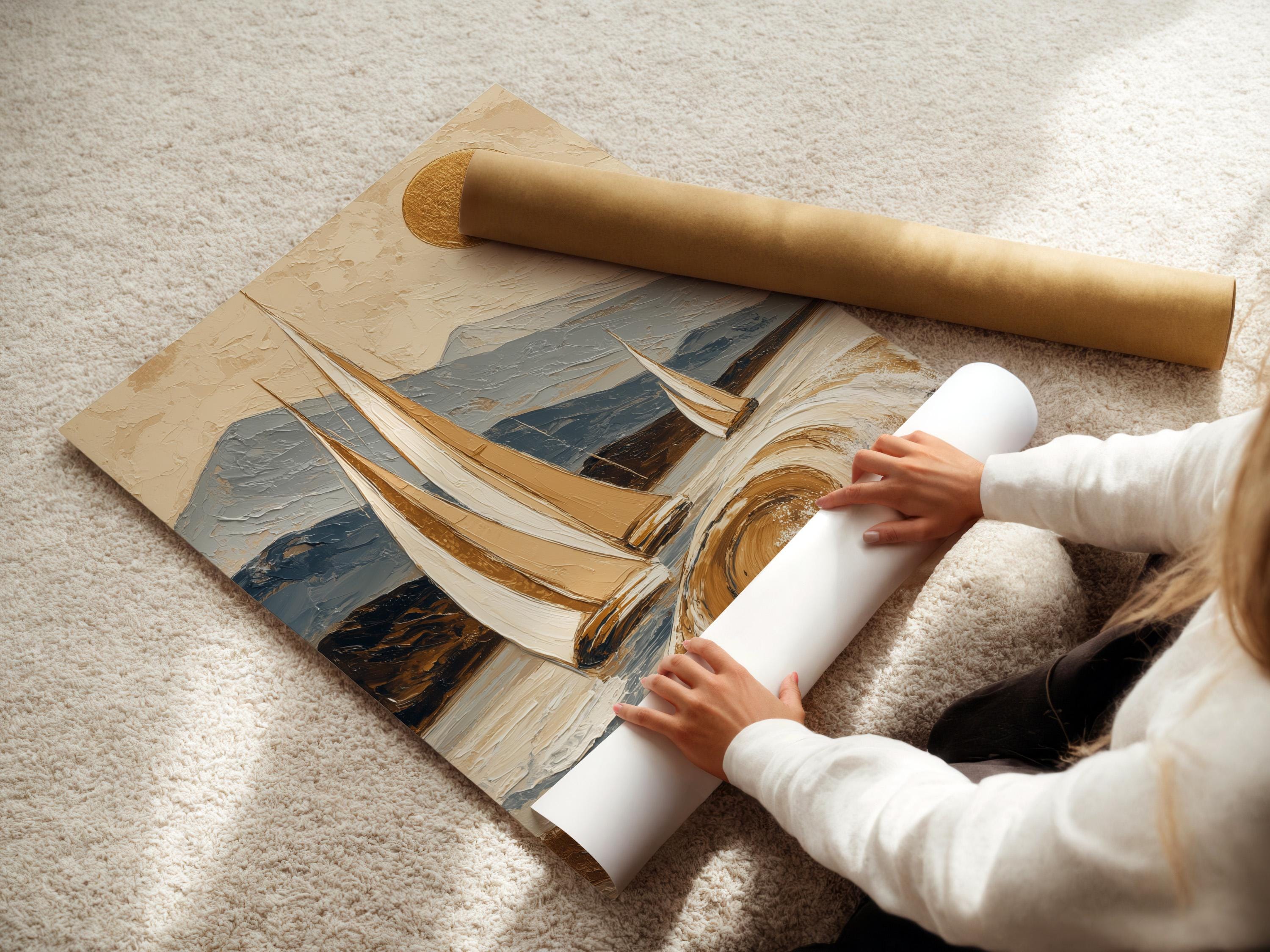 Painterly sailboat seascape with swirling waves, mountains and a gold sun detail view