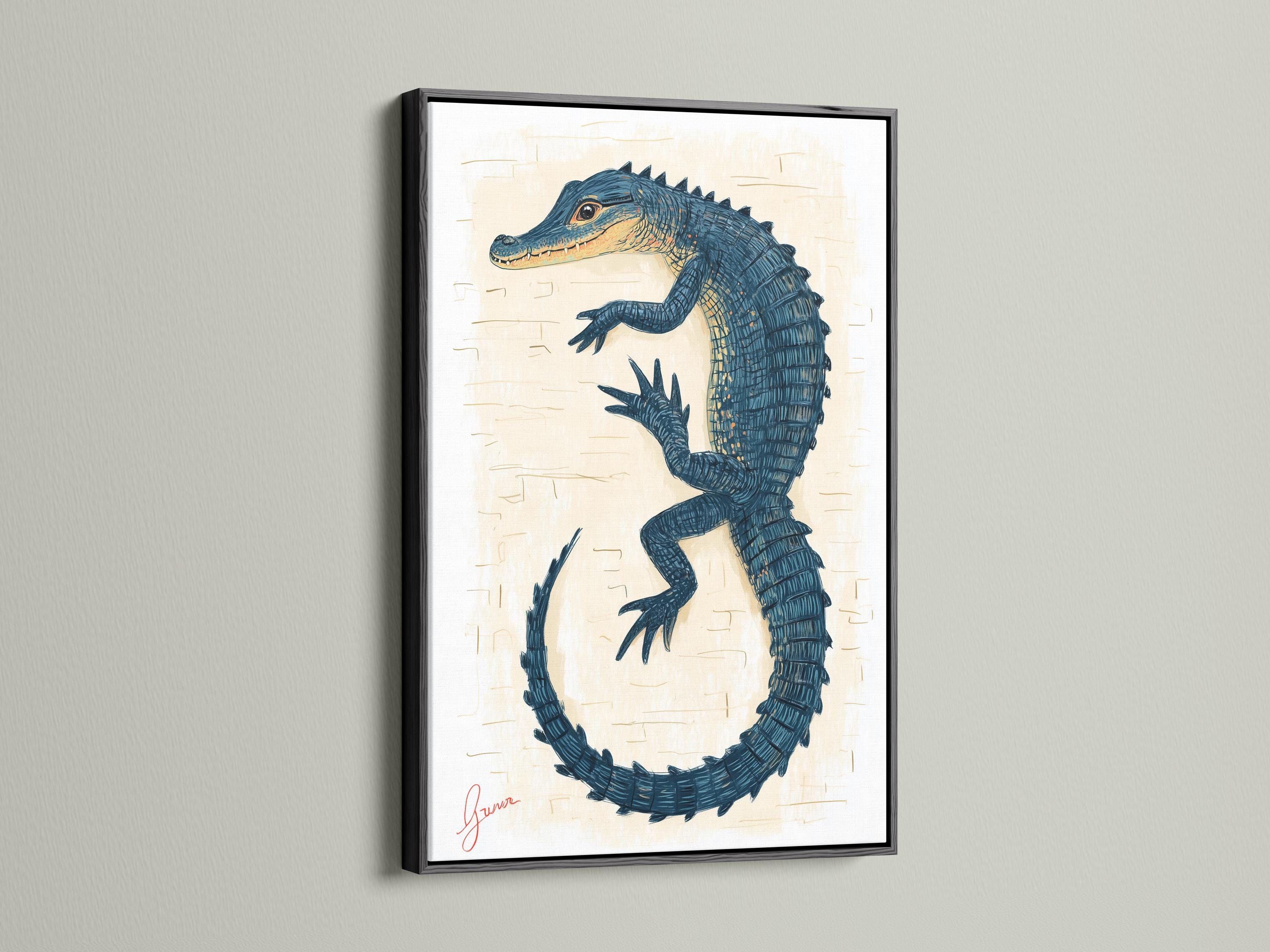 Blue alligator illustration forming a circular loop with scale-like linework on a cream background detail view