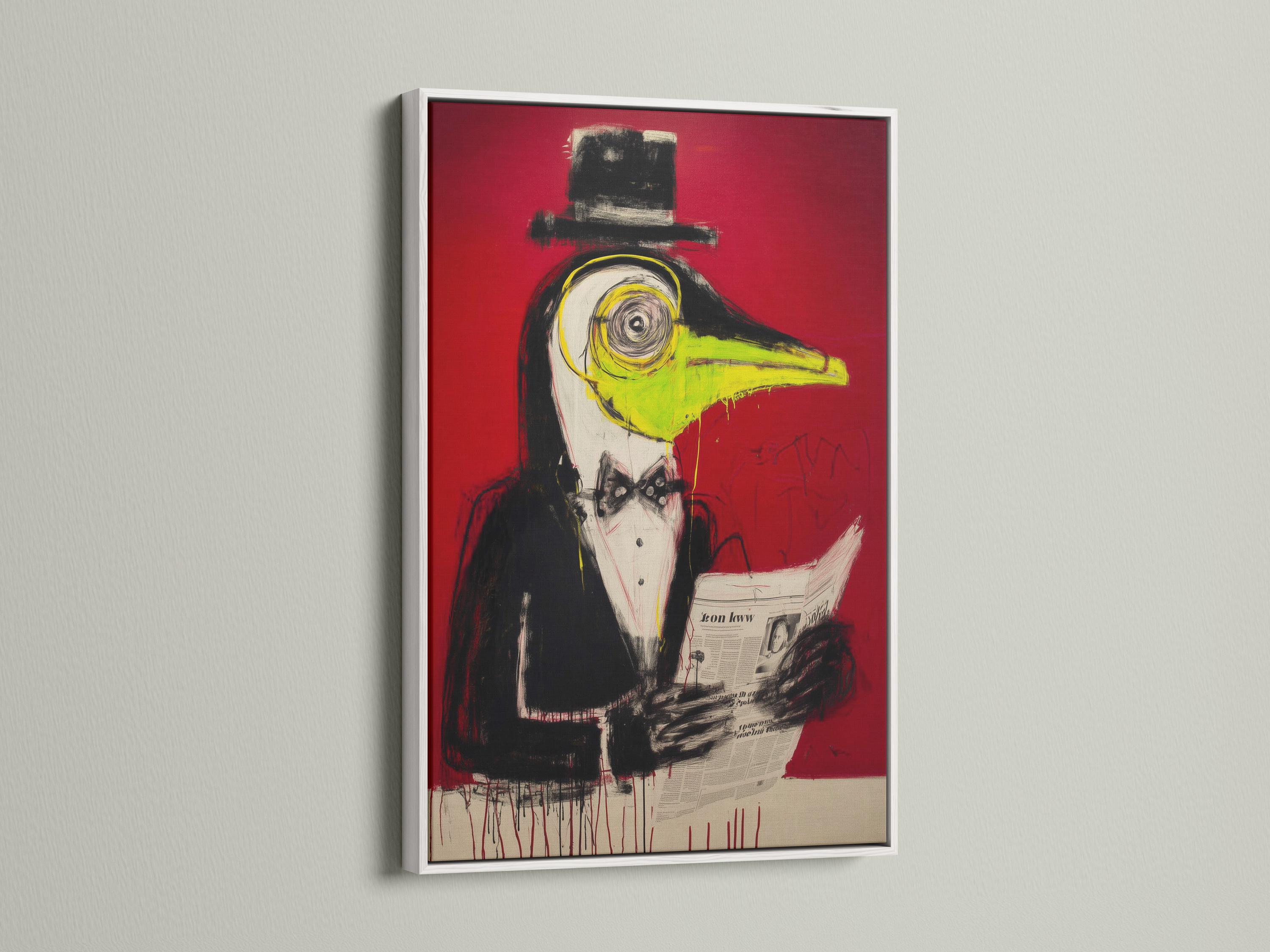 Stylised penguin-like bird portrait with red background, black shapes and yellow-green beak detail view