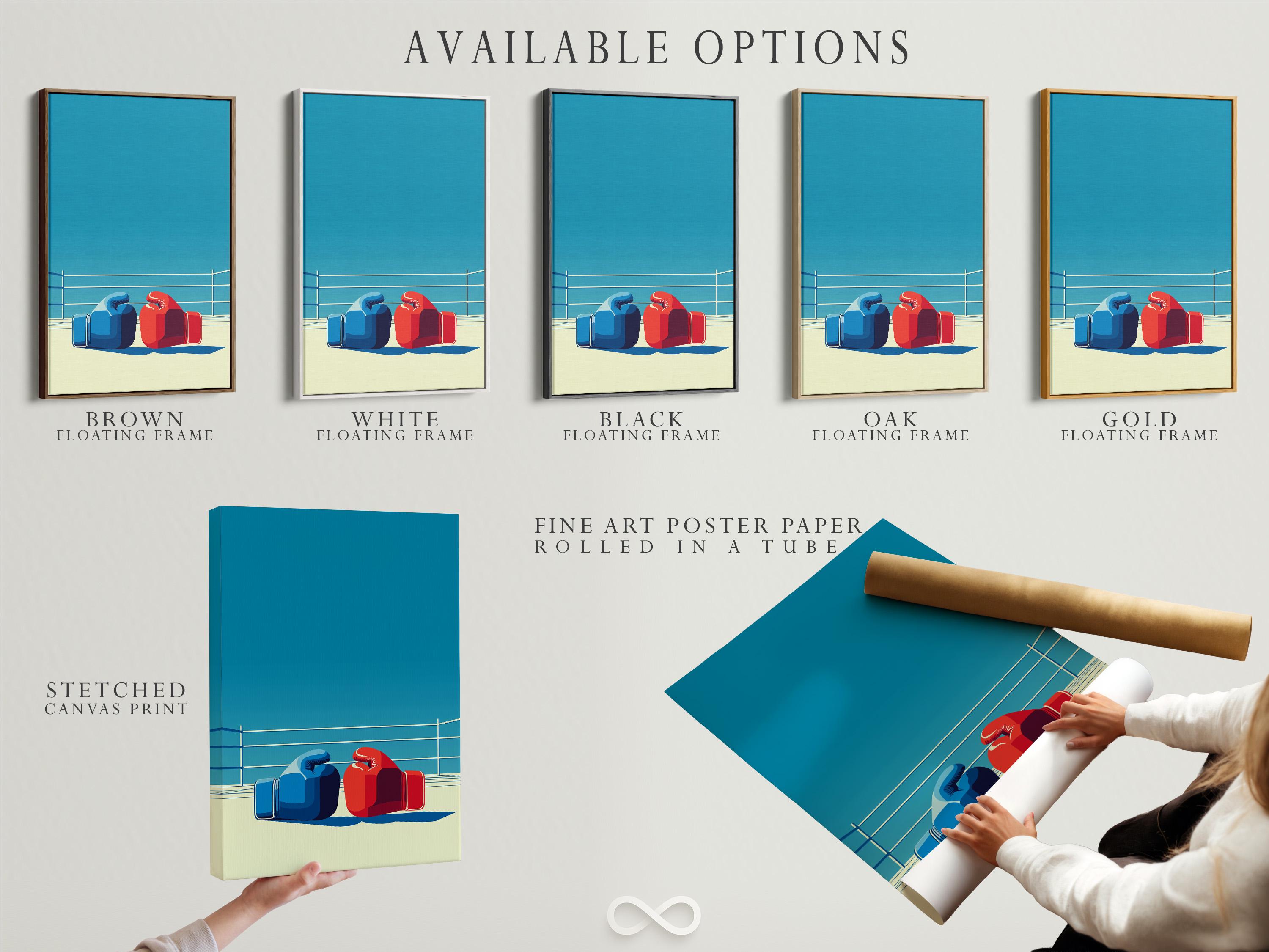 Wall mockup showing a framed boxing ring artwork with blue and red gloves and white ropes