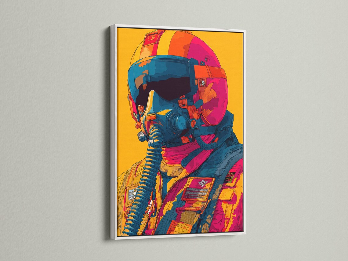 Mockup showing a framed retro pilot wall artwork with teal, orange and hot pink colours on a yellow background