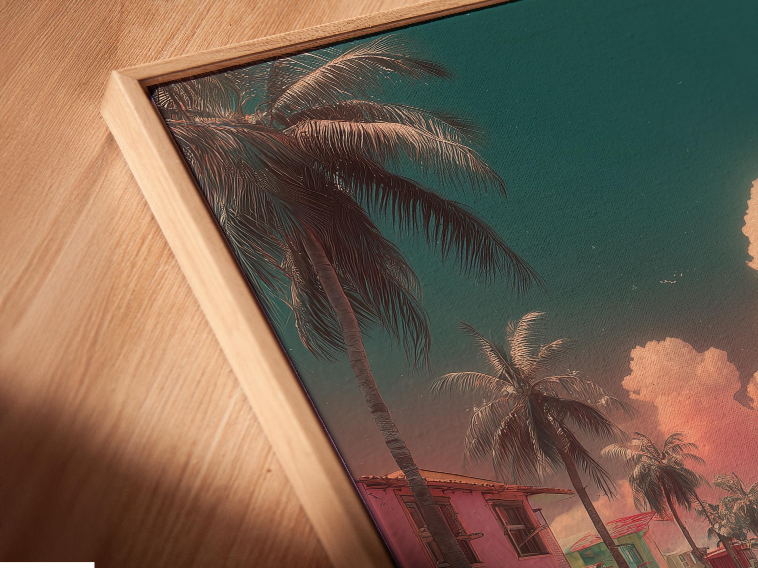 Retro coastal street illustration with classic cars, palm trees, and a teal pink sunset sky detail view