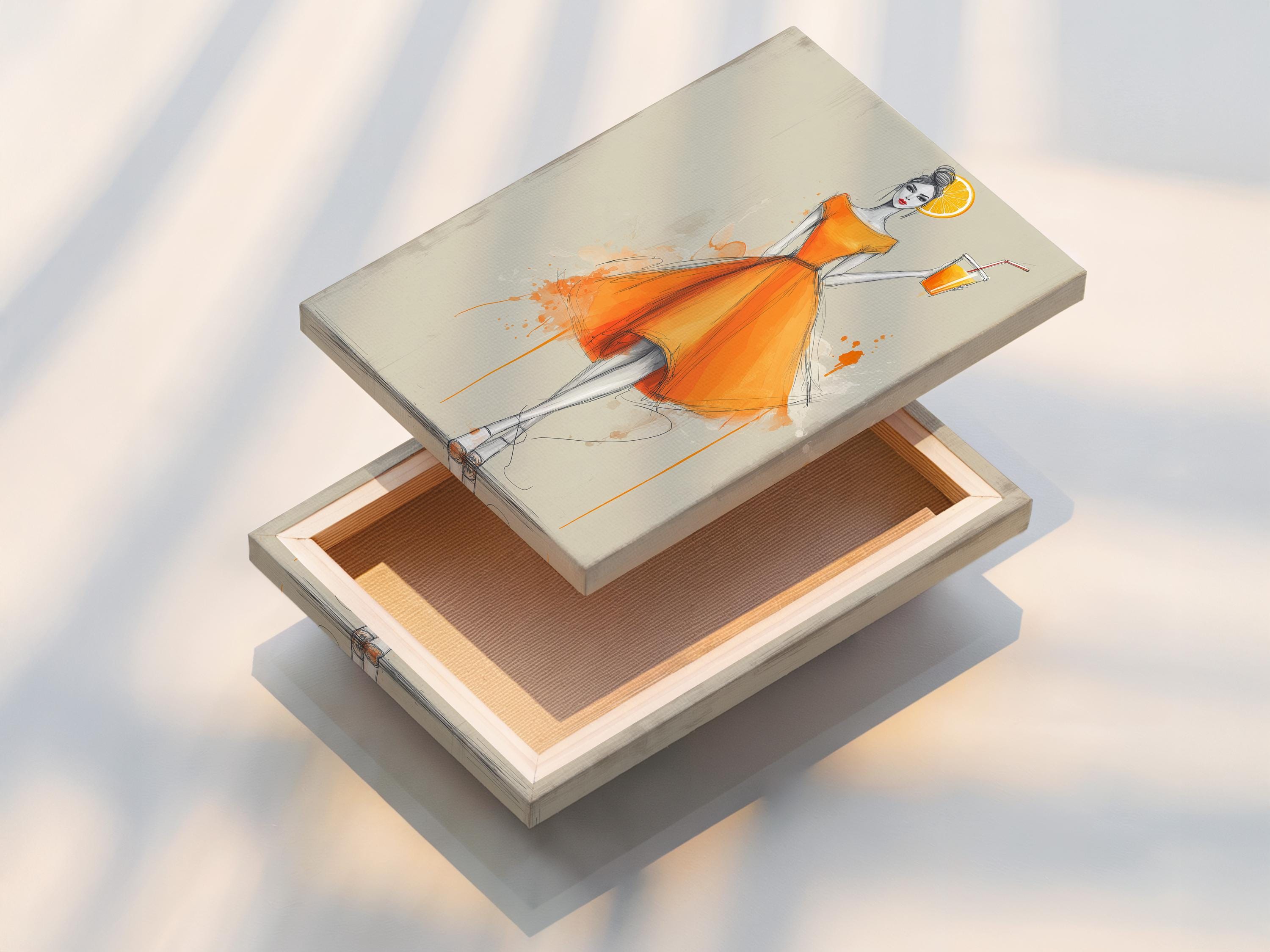 Stylised woman in an orange dress holding a drink with an orange slice against a pale background detail view