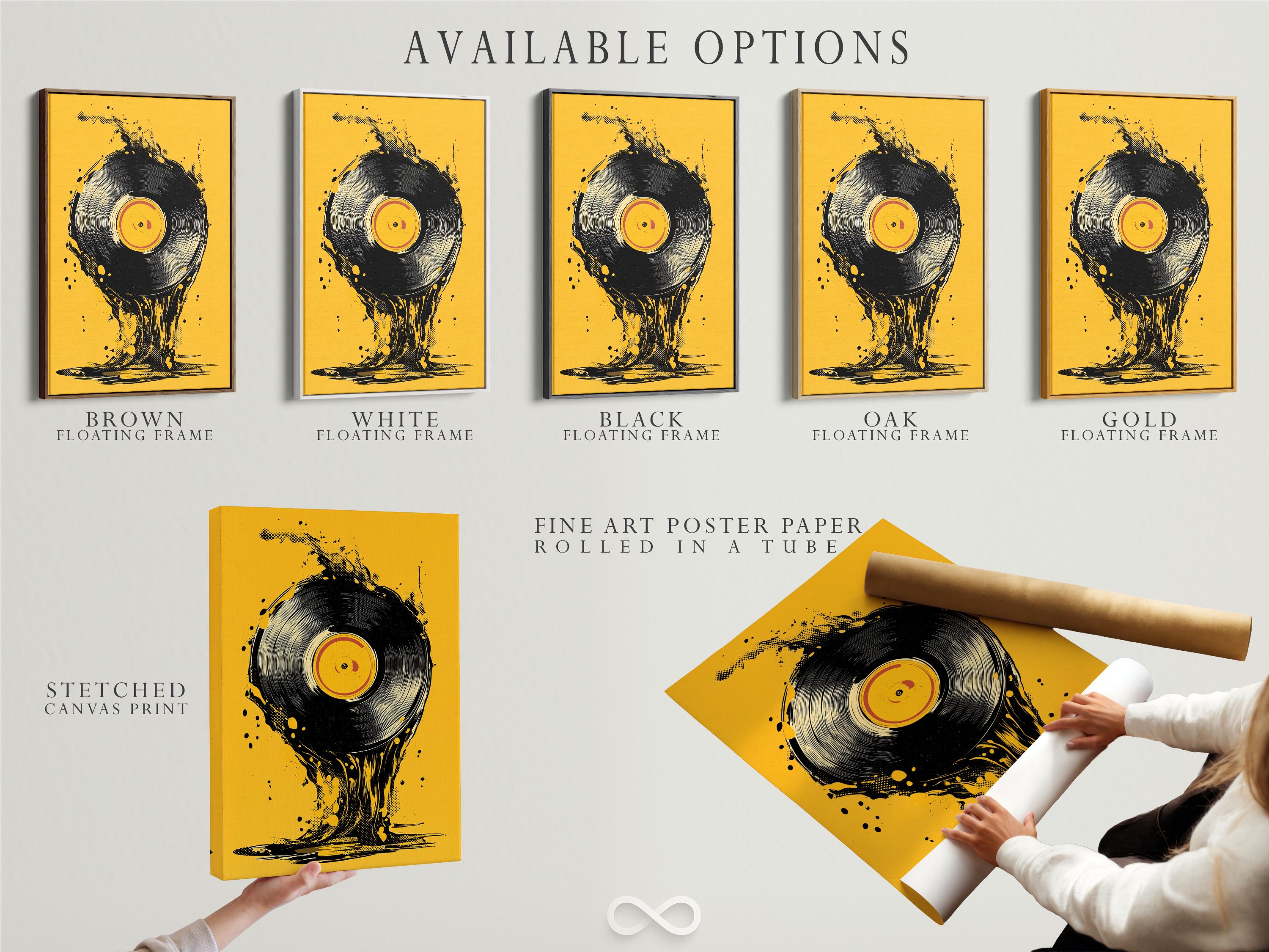 A man wearing headphones beside a music setup with a vinyl record artwork on a wall