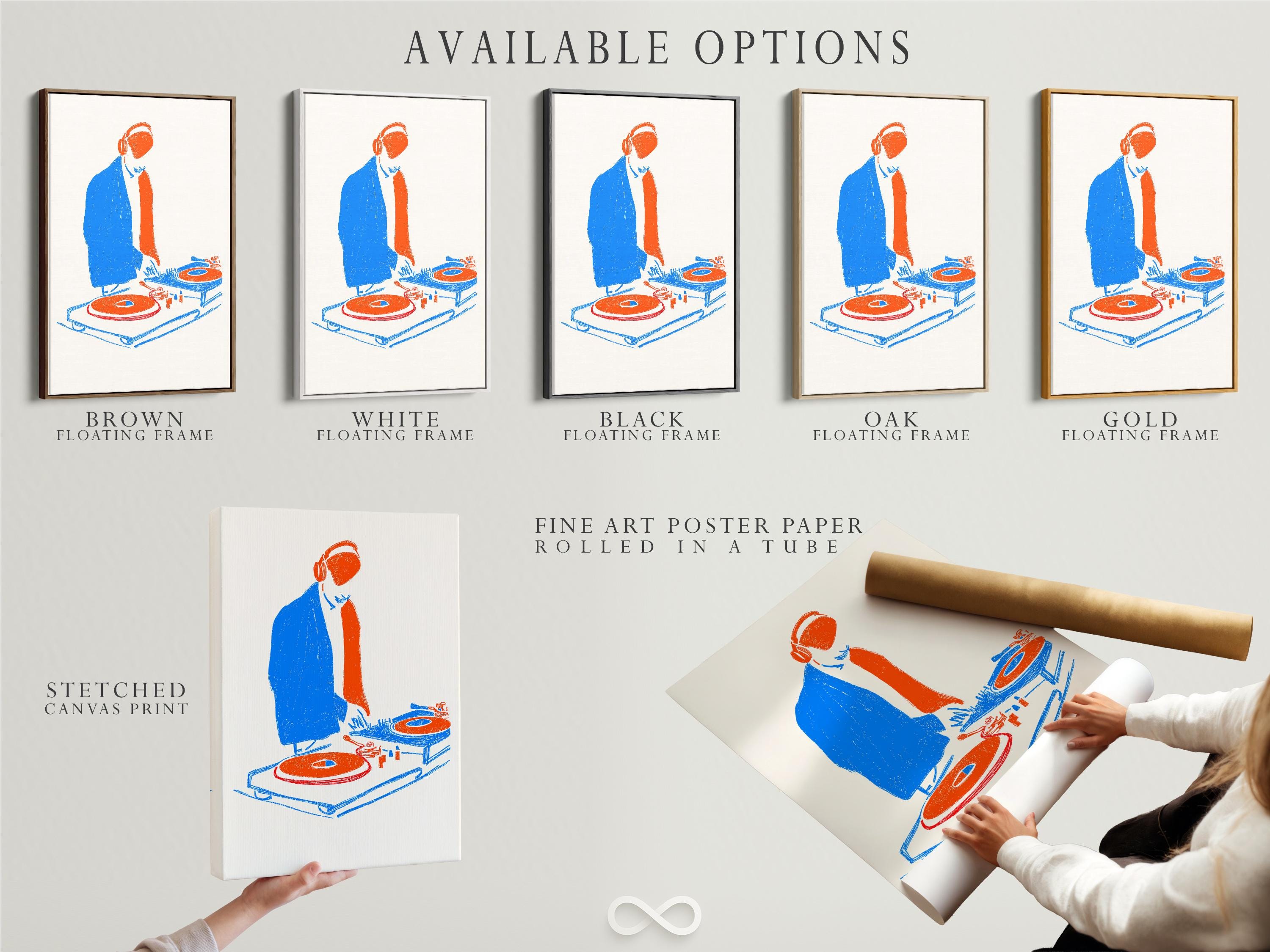 Room mockup showing a framed DJ turntable illustration in blue and orange tones