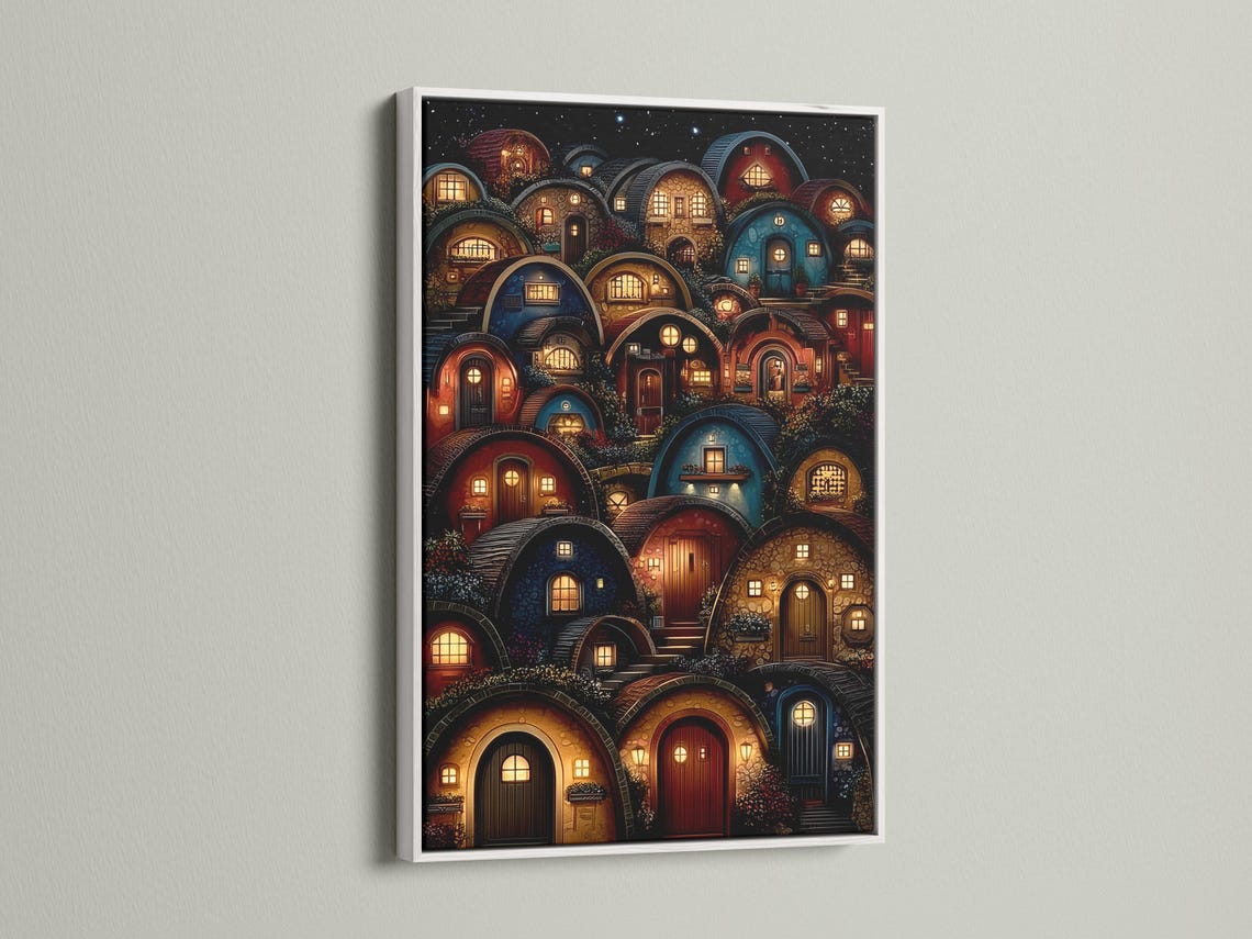 Fantasy village at night with glowing arched doorways and windows under a starry sky detail view