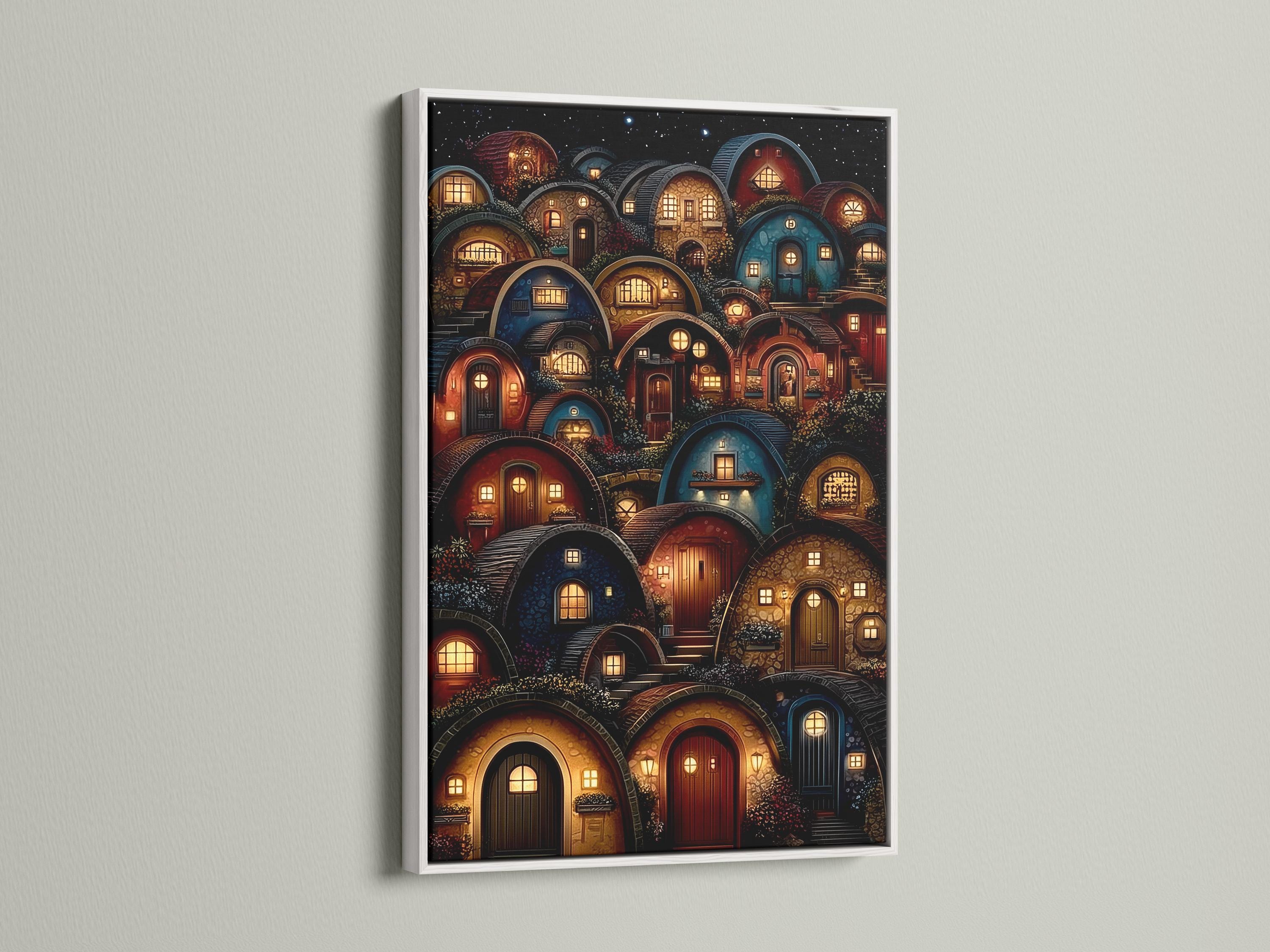 Fantasy village at night with glowing arched doorways and windows under a starry sky detail view