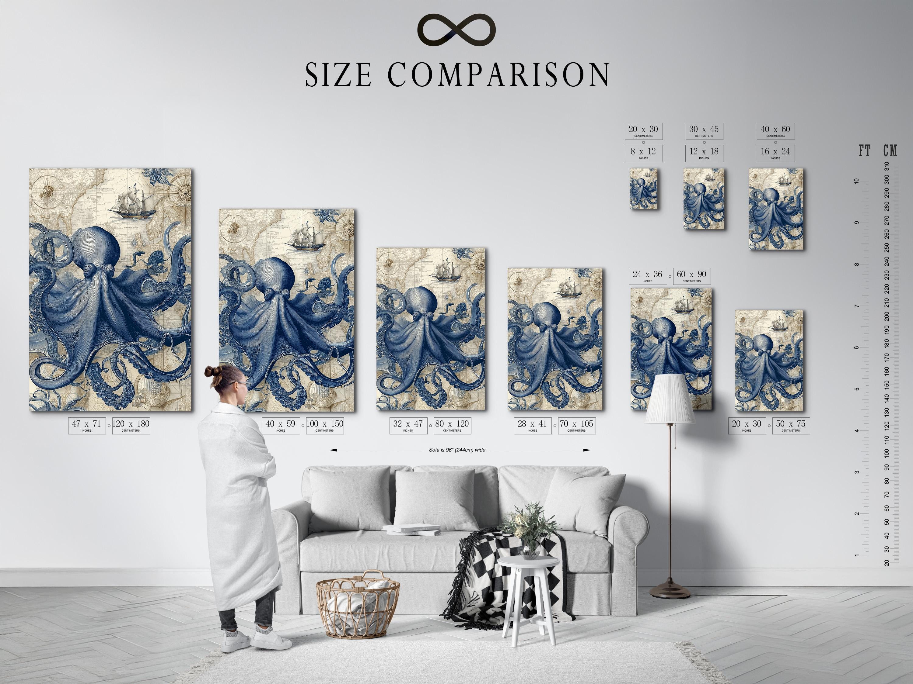 Blue octopus illustration over a vintage map background with a small sailboat detail view