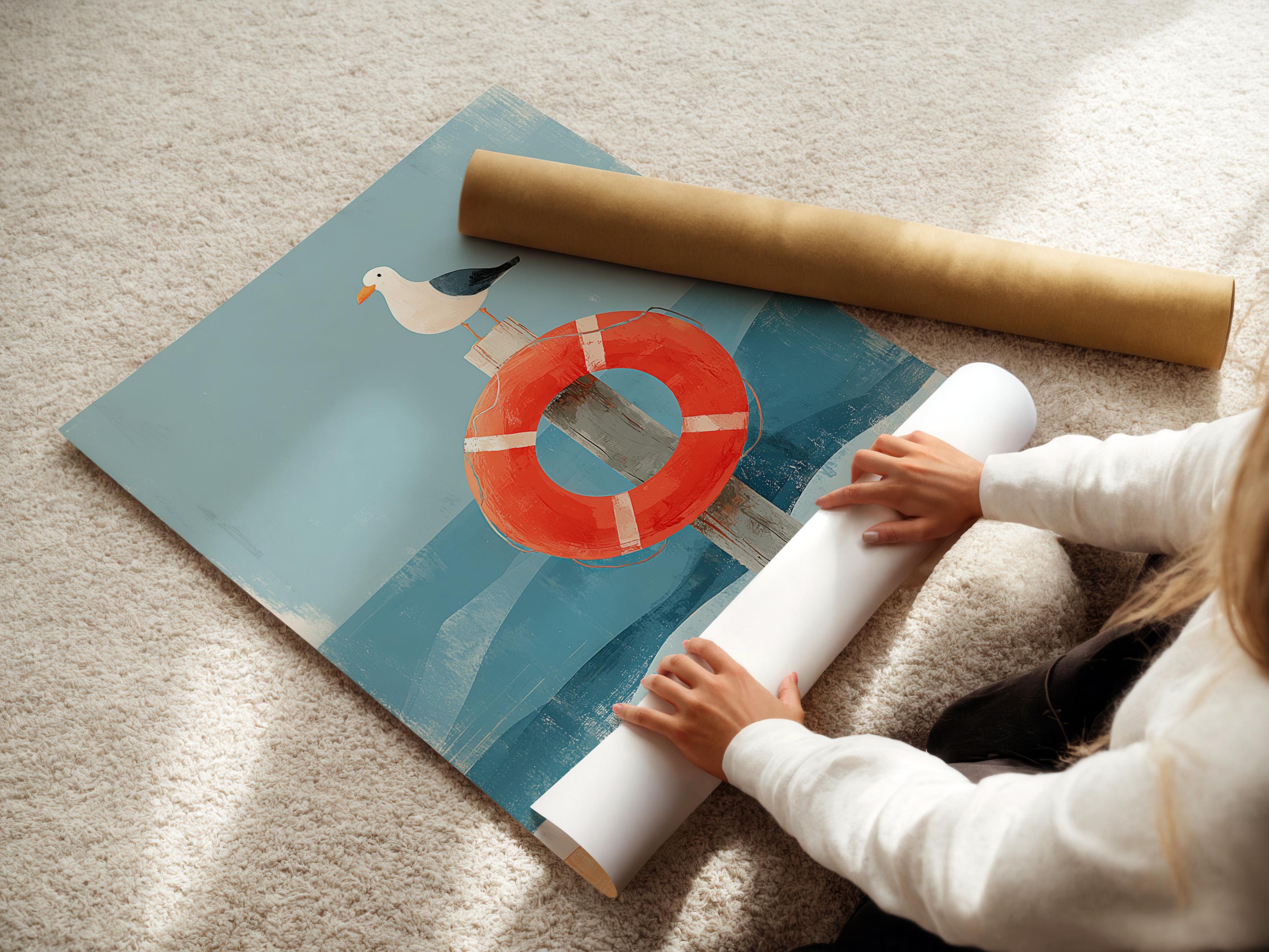 Room mockup featuring framed seagull and lifebuoy artwork with blue waves and sand tones