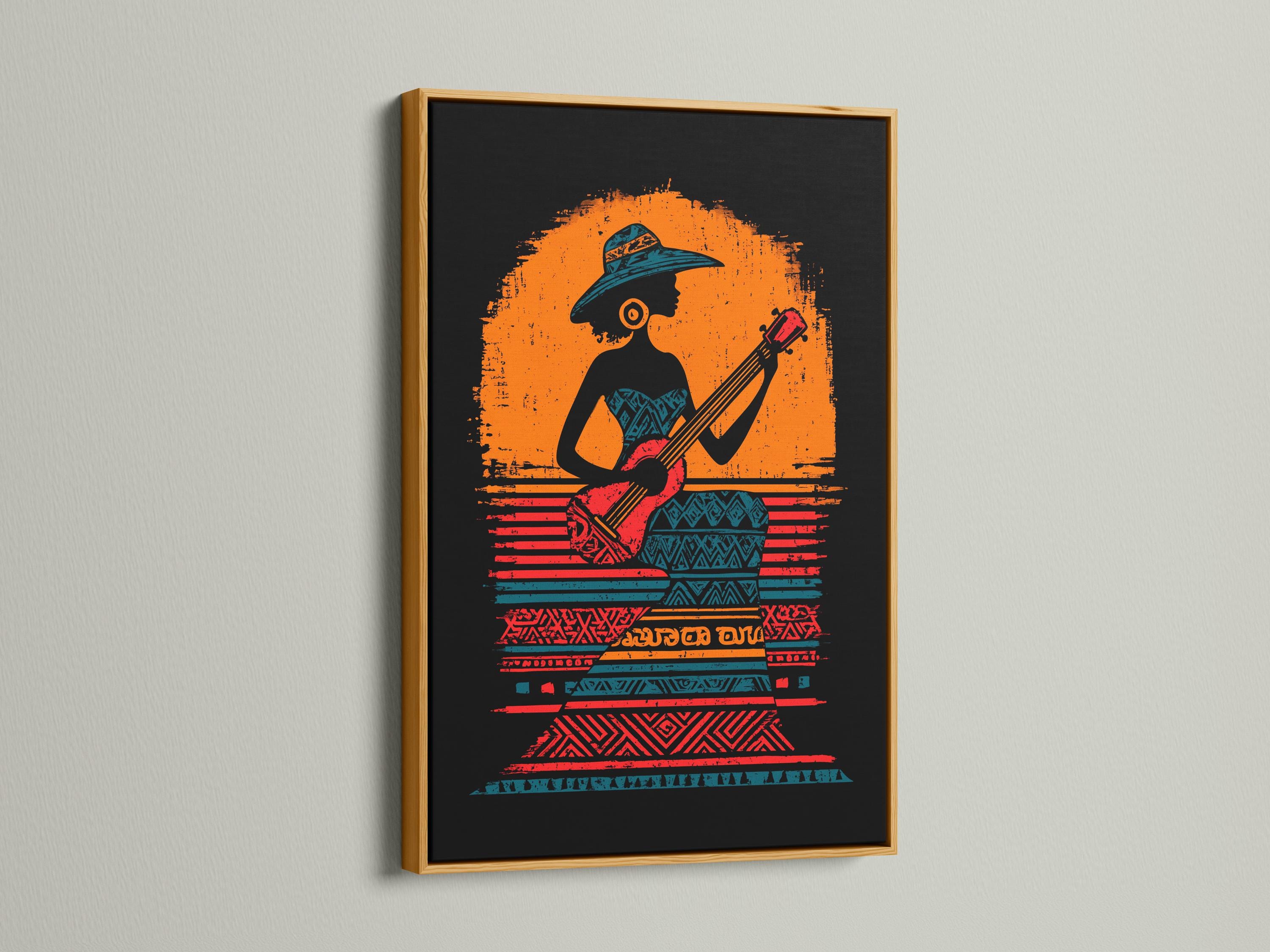 Wall mockup showing a framed poster design with a guitar-playing figure and tribal patterns