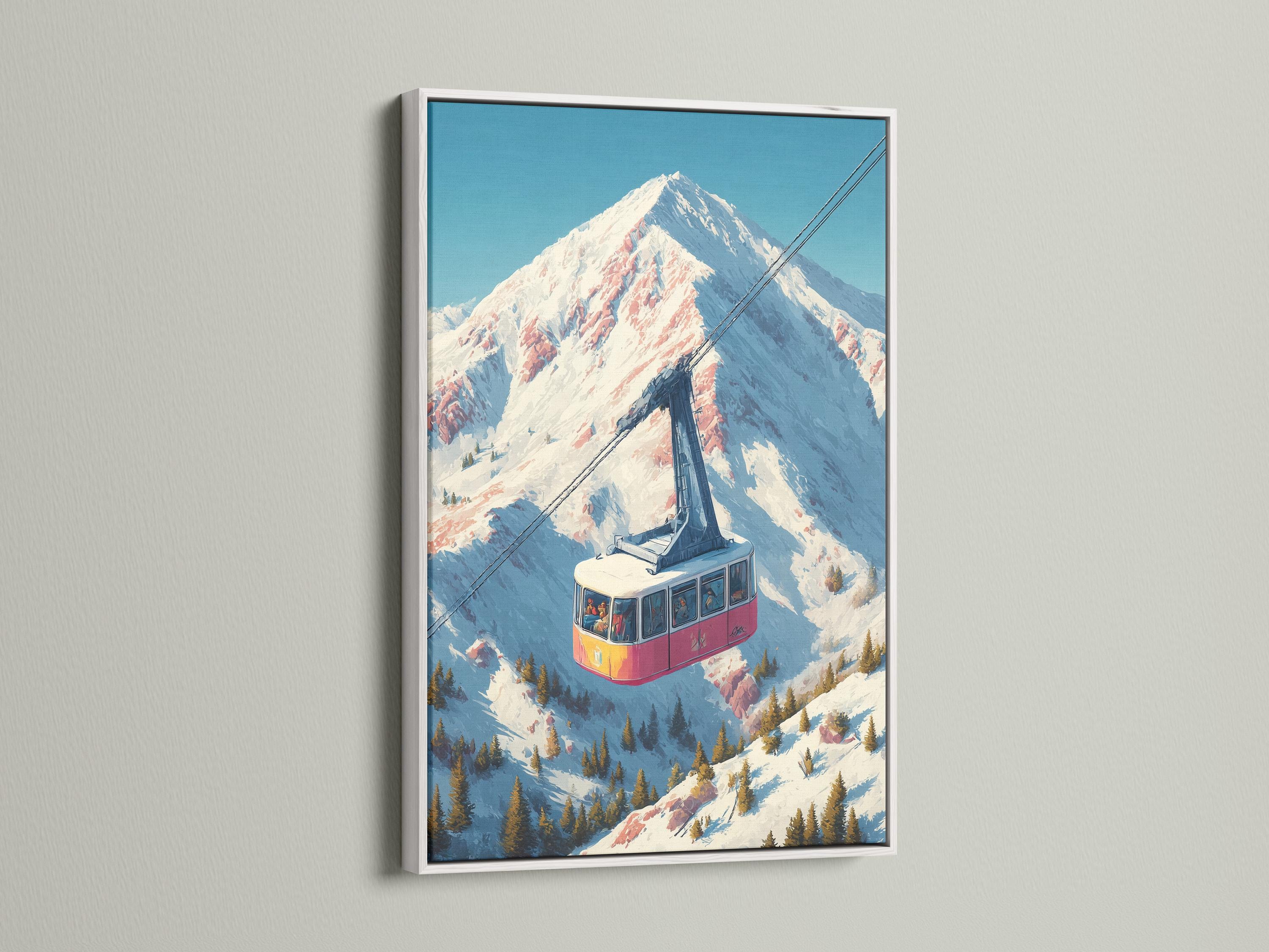 Illustrated alpine mountain scene with a cable car over snowy slopes and a tall peak detail view