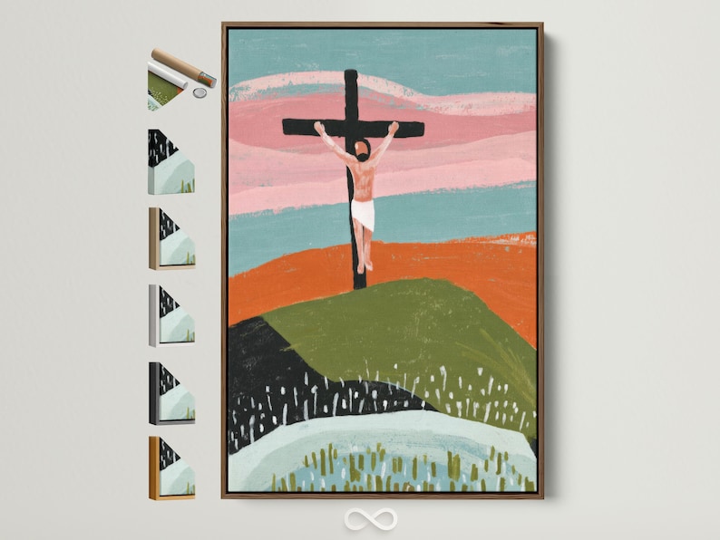 Stylised cross with outstretched figure above layered hills in dusty pink, teal and green