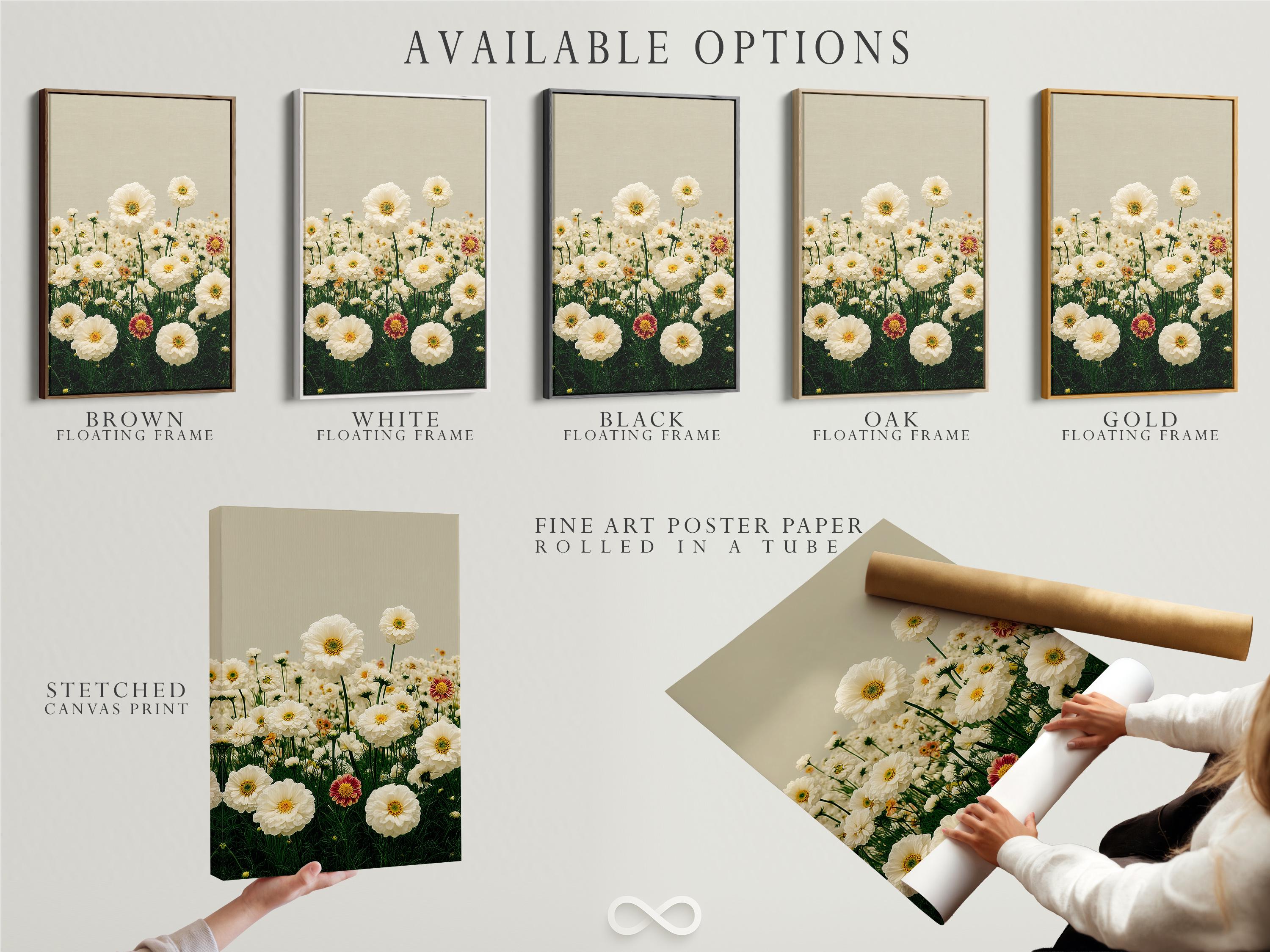 Room mockup showing a person holding flowers beside framed daisy meadow artwork