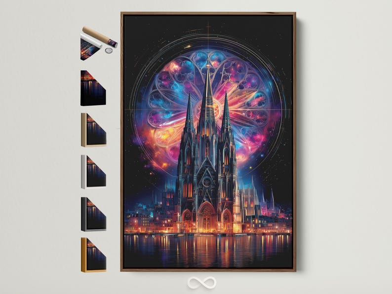 A glowing cosmic halo and gothic cathedral with neon-coloured windows over dark water