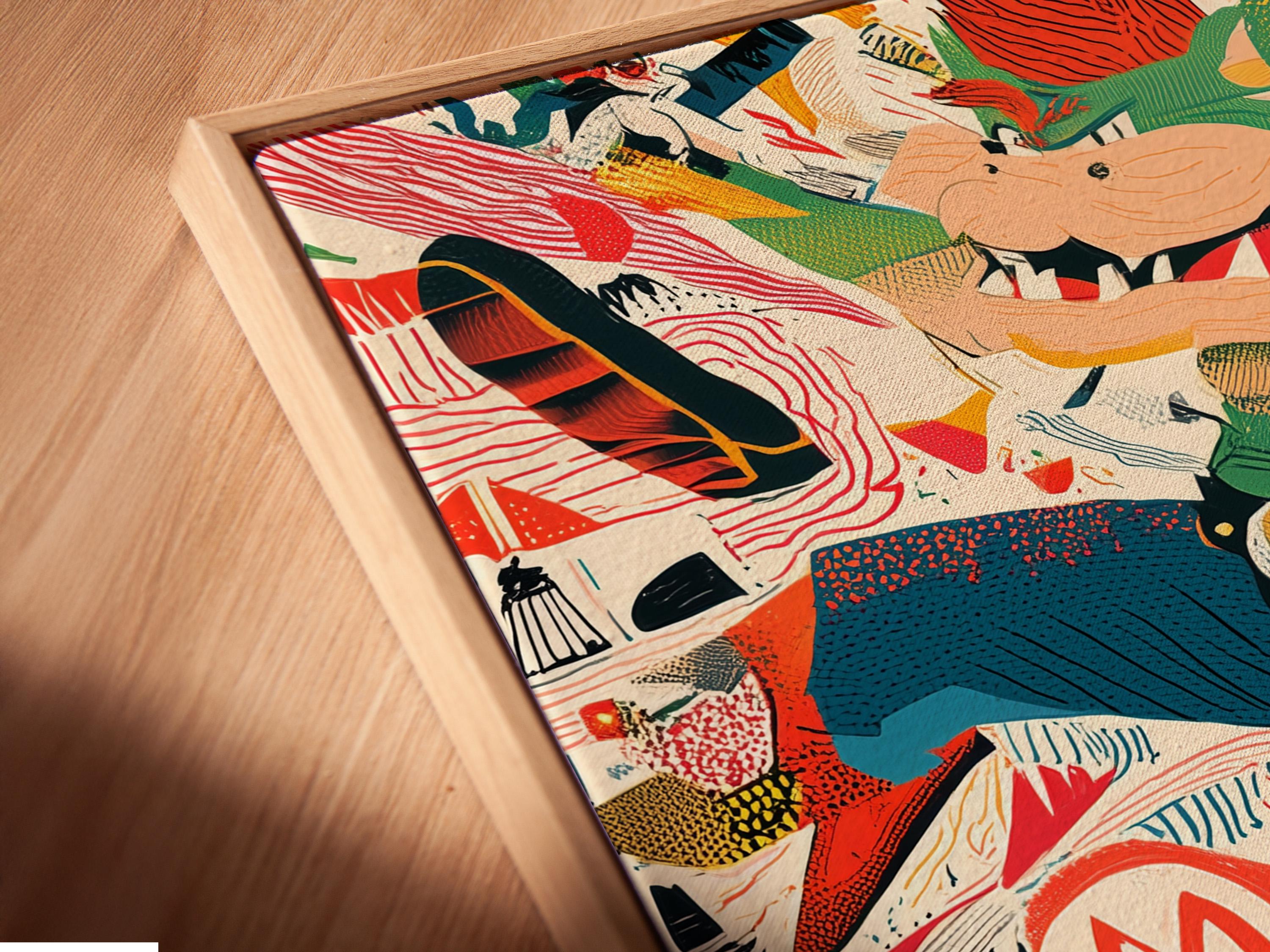 A retro, comic-style illustration shows a large grinning cartoon creature amid bold shapes, red accents and striped patterns, with smaller characters