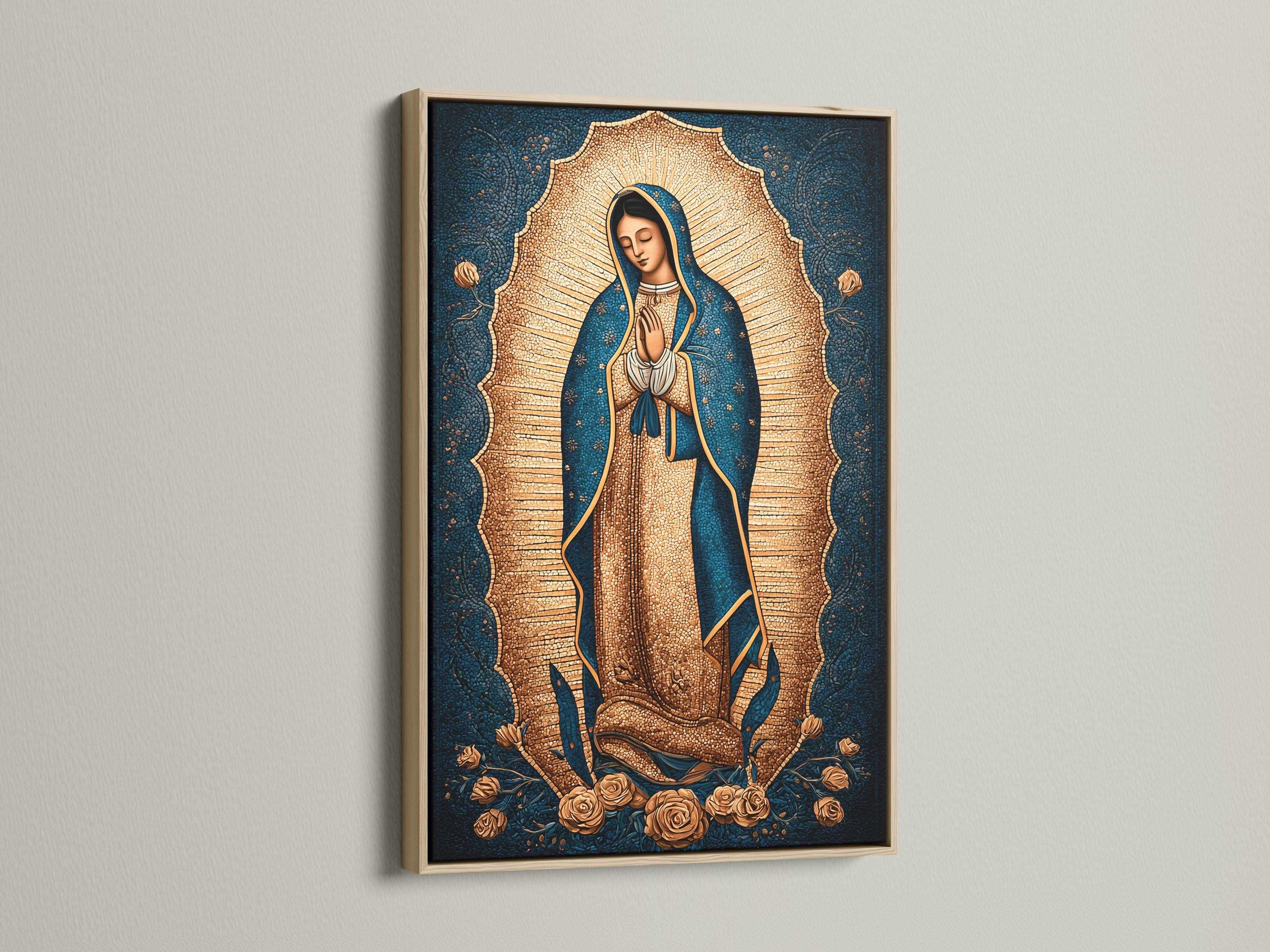 Hooded praying female figure with gold halo rays and roses on a blue textured background detail view