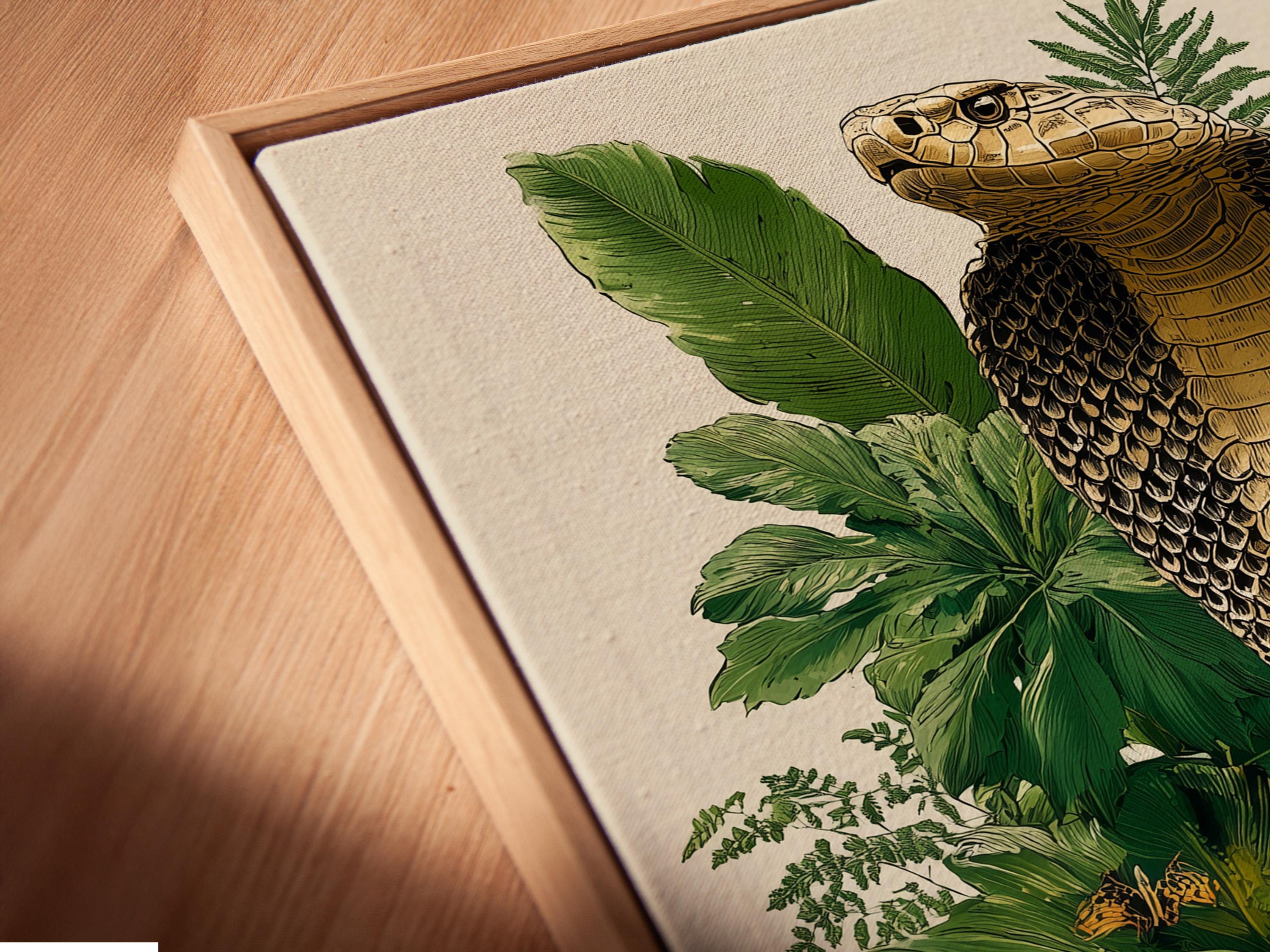 Coiled snake with patterned scales surrounded by dense green jungle leaves and small red flower accents detail view