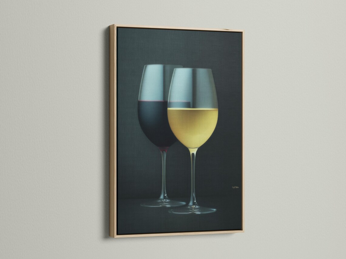 Two wine glasses with red and pale yellow drinks on a dark textured background detail view