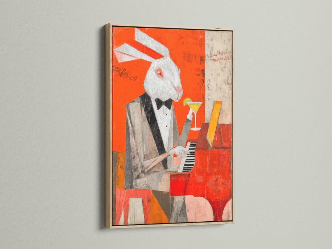 Orange artwork of a rabbit pianist holding a martini beside a piano with music notes detail view