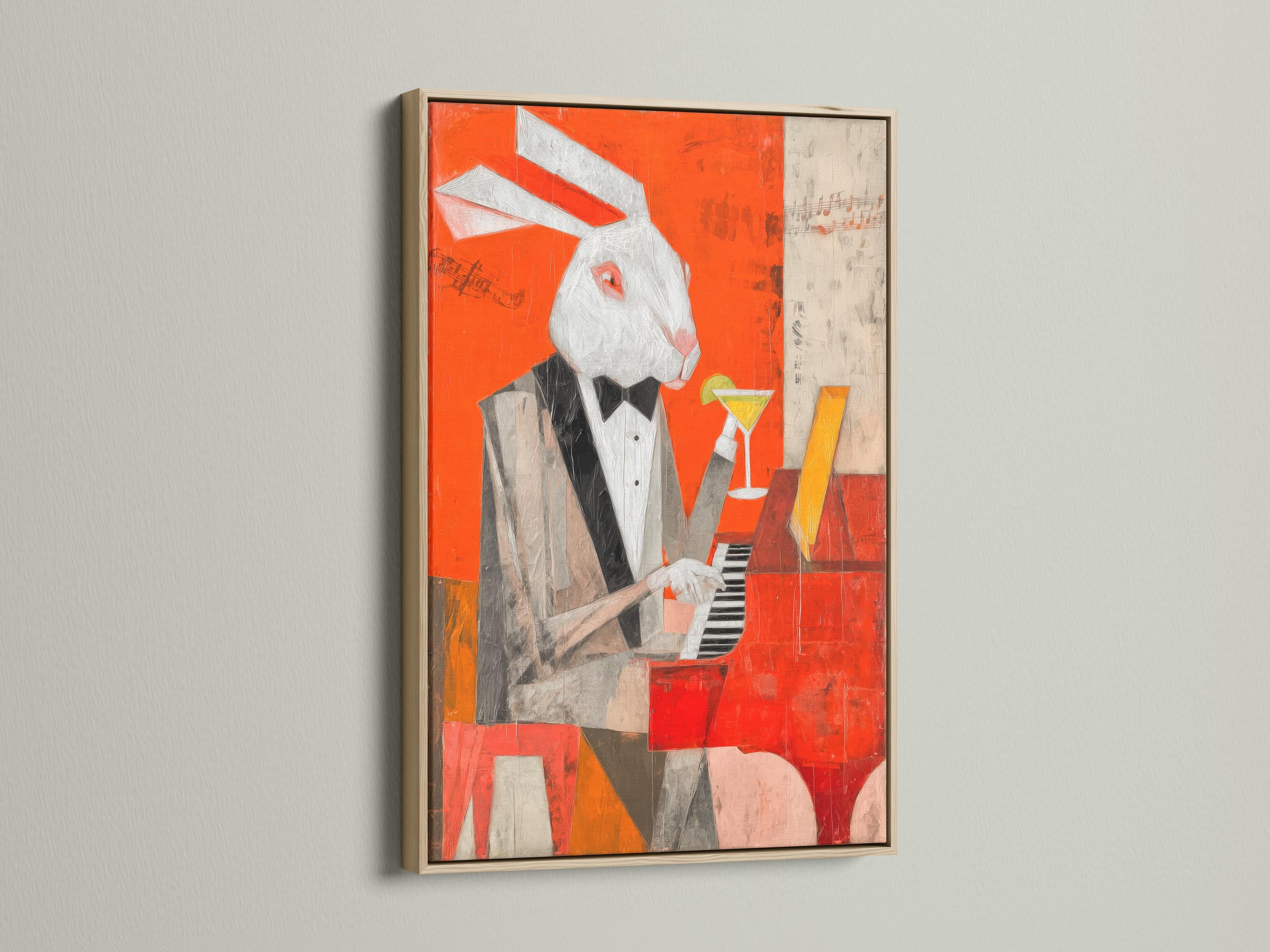 Orange artwork of a rabbit pianist holding a martini beside a piano with music notes detail view