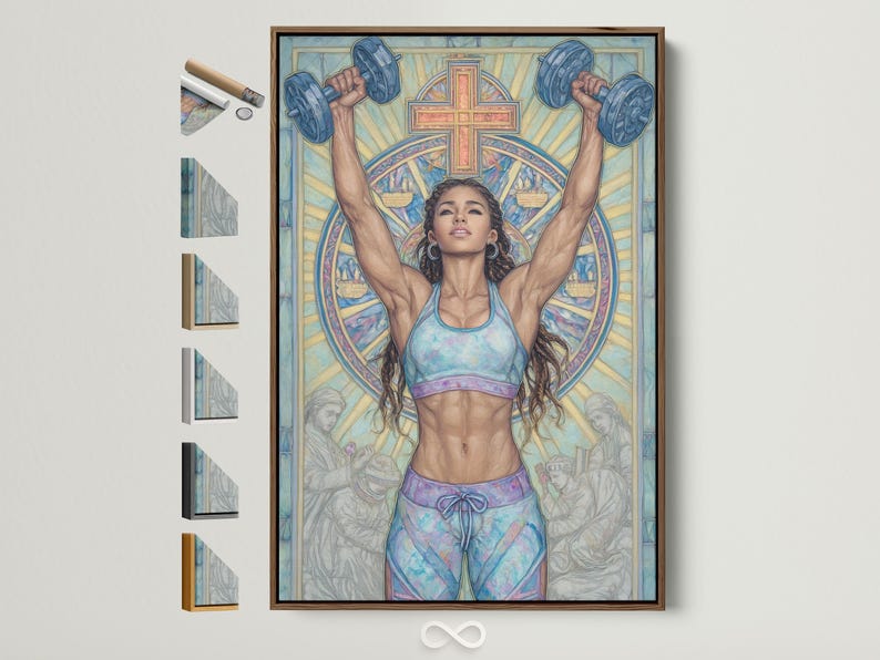 A stylised image shows a woman lifting both arms in prayer-like posture beneath a large cross, in cool blue and pastel tones